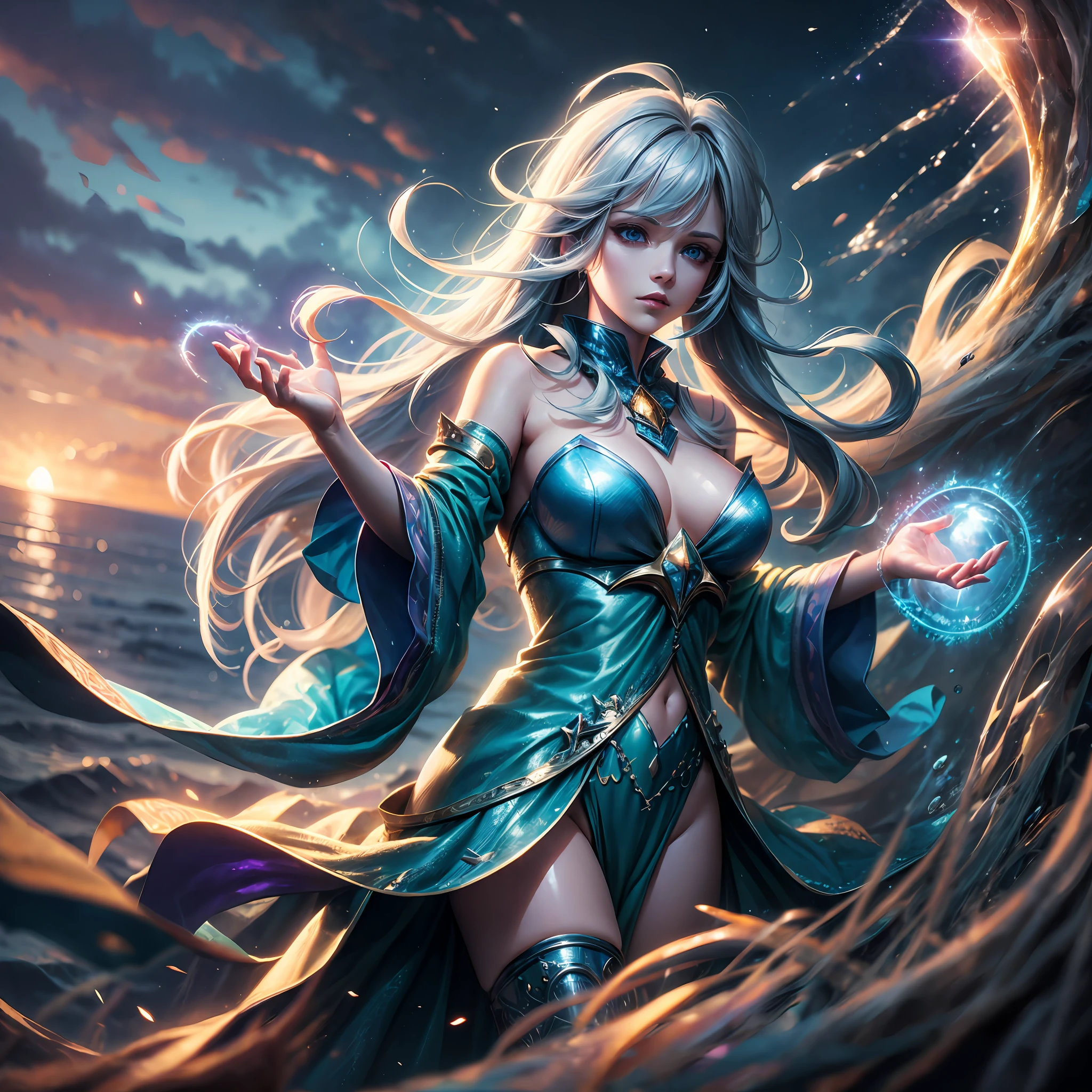 Generate an image that depicts an anime character with long bright white hair and intense blue eyes in a magical seaside setting. She is dressed in an ocean-inspired costume, shrouded in an iridescent aura. Around you, little fairies dance with enchanting sea creatures, while the setting sun creates a spectacle of dazzling colors over the calm sea, backlighting, reflection light, rays of god, blurred, cinematic lighting, motion blur, masterpiece, best quality, masterpiece, super detail, high quality, best quality, 16k, HD, high details
