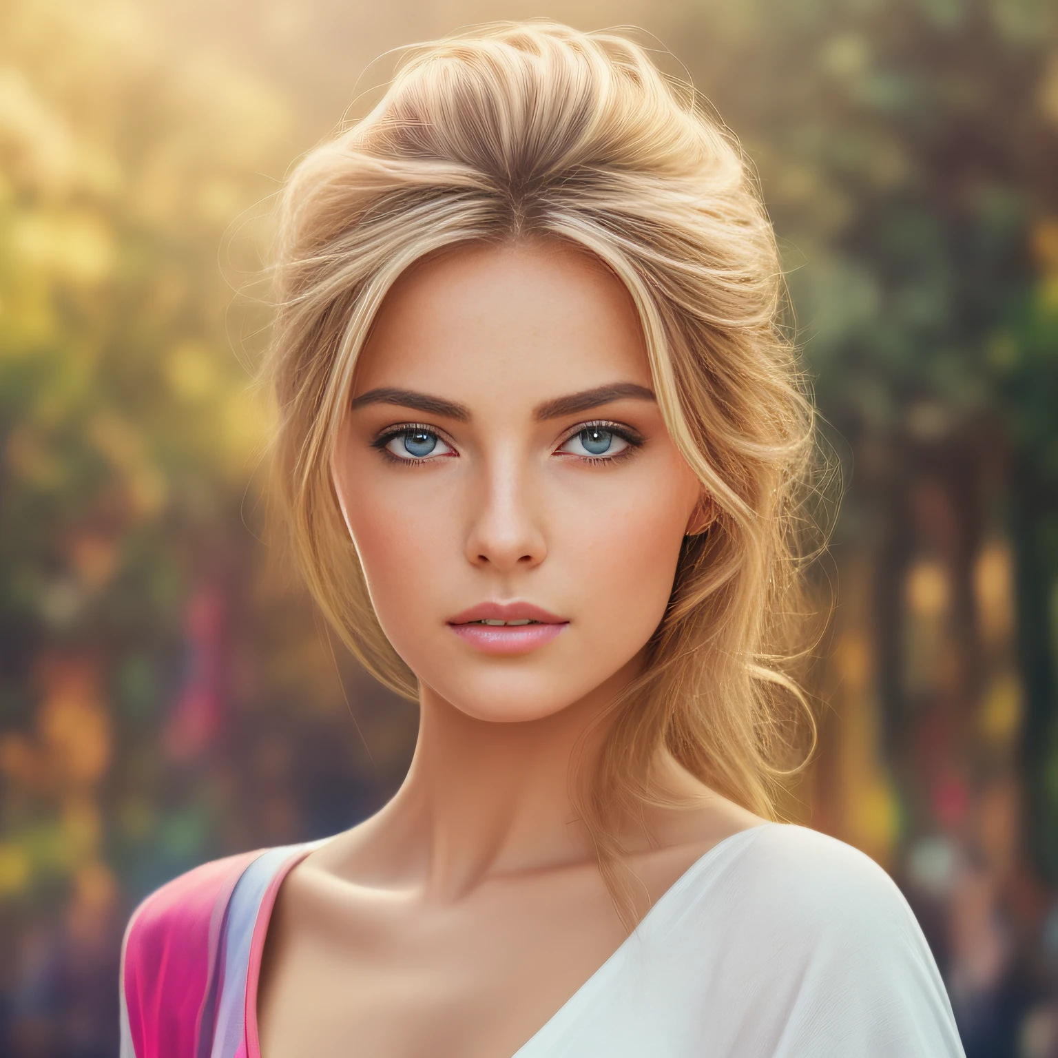 Blonde walking in the mall, stores in the background. The image should show radiant beauty and convey an aura of serenity and introspection. Cinematic quality painting, colorful, with vibrant and well-defined colors, exceptional 8K colors, highlighting every detail, revealing the perfection of the character's facial expression.