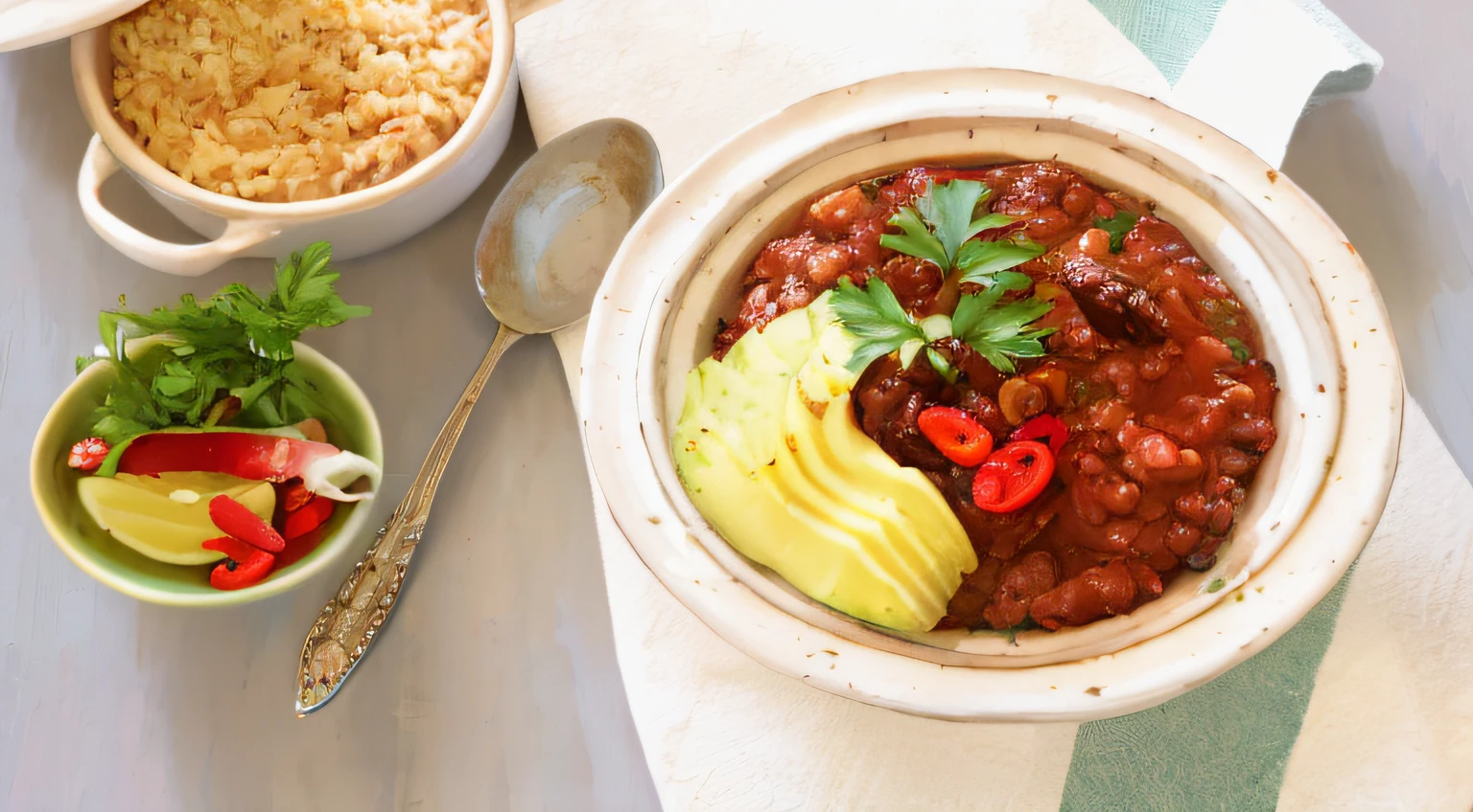 bowls of food on a table with a spoon, spoon, and spoon rest, chili, yummy, overflowing with baked beans, baked beans, profile image, beans, inspired by Ceferí Olivé, inspired by Antonín Chittussi, healthy, recipe, by Juan O'Gorman, title, ❤🔥🍄🌪, 3 4 5 3 1