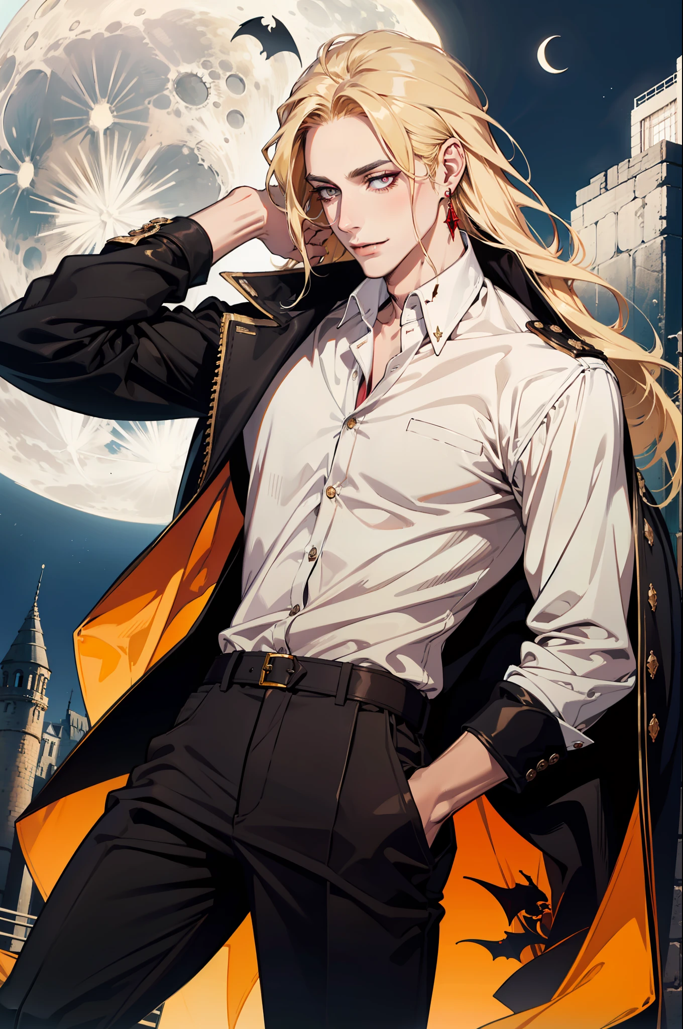 (absurdres, highres, ultra detailed), 1man, 30 years old man, adult man, handsome, tall,, finely detailed eyes and detailed face, brown leather pants, white shirt, night, smile, dutch angle, ((long hair, blonde hair)), moon, gold details, earrings, gothic, vampire, vampire prince, dark, simple clothes, looking at the view, pale skin, red detailed eyes, (masculine), sexy, elegant, long bangs