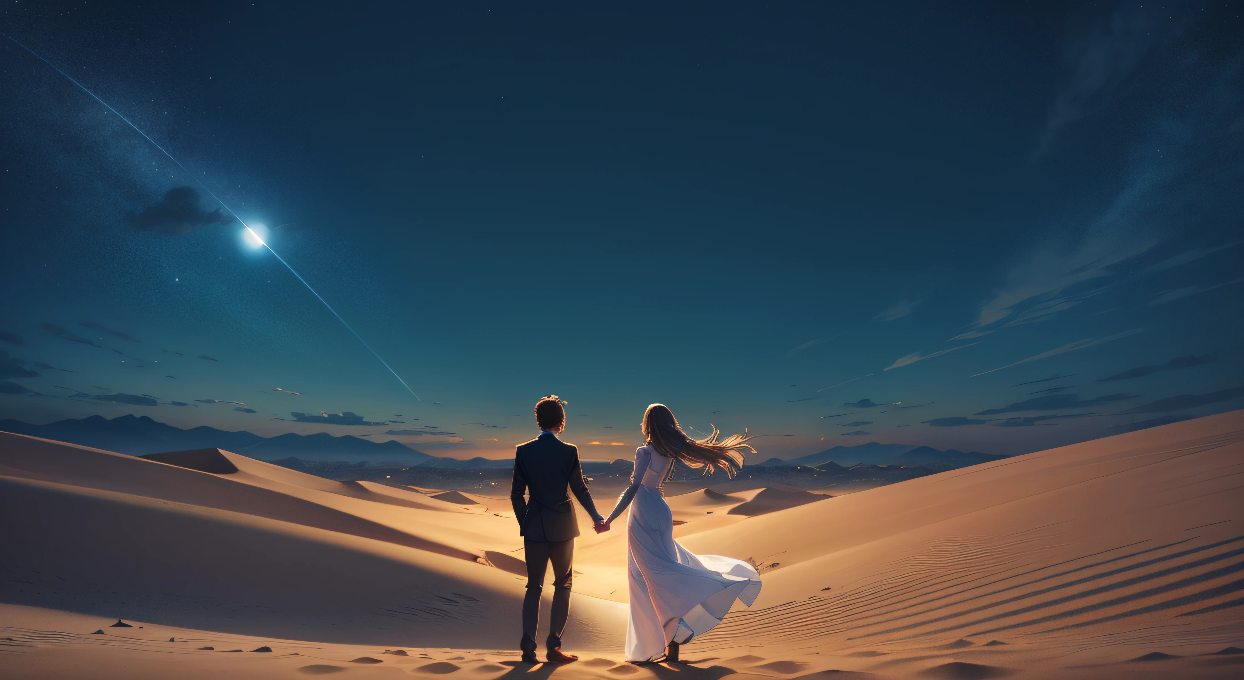 Fantastic atmosphere, lonely feeling, hands on both hands, desert, small moon shining in the middle, night sky, man and woman holding hands up