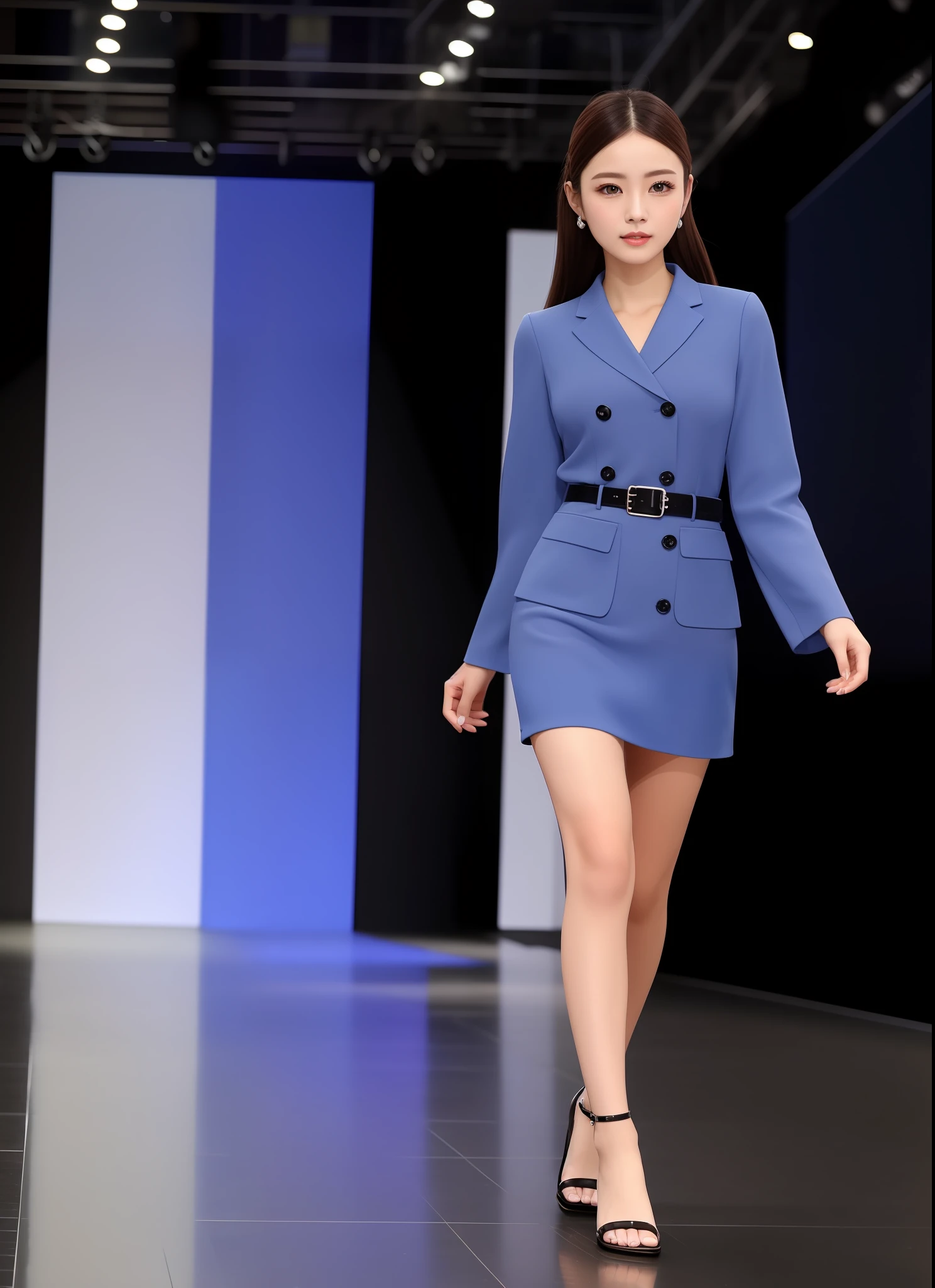 Office industry, professional uniform, full set, style, European style, fashionable style, clear lines, background blue, simple atmosphere, require a full set of effects, use more suitable models to show, walking on the catwalk, catwalk walking, stage walking, the front can see the overall effect, the customer wants the overall effect, the customer requires the front, the overall effect can be seen clearly, can see the style at a glance,