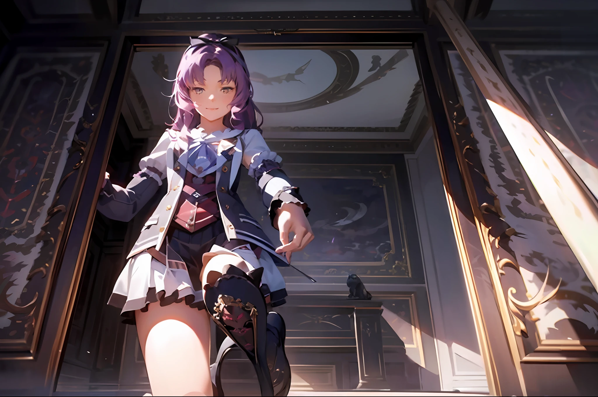 absurdres, (best quality), (masterpiece),(ultra-detailed:1.2),(photorealistic:1.2),(highres),(from below:1.3),(red moon:1.2)
1girl,standing,elegant ,silhouette ,short stature,age,smile,closed mouth,
renne_sen,holding a (large Scythe:1.2),(medium hair:1.1) , white gothic,hair ribbon,shirt, long sleeves, white skirt, thigh band, cross-laced boots,
night,old castle,Bat flying,(purple fire:1.2),abstract,(purple ghost:1.2),fog,