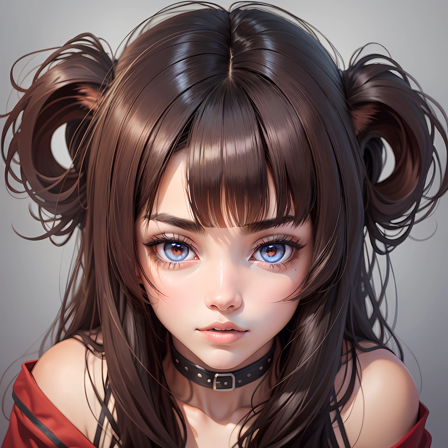 1girl, tohsaka rin, solo, long hair, sweater, red sweater, looking at viewer, blue background, black hair, simple background, two side up, turtleneck, blue eyes, lips, closed mouth, ribbon, hair ribbon, bangs, turtleneck sweater, upper body, parted bangs, black ribbon, ribbed sweater, twintails, nose,