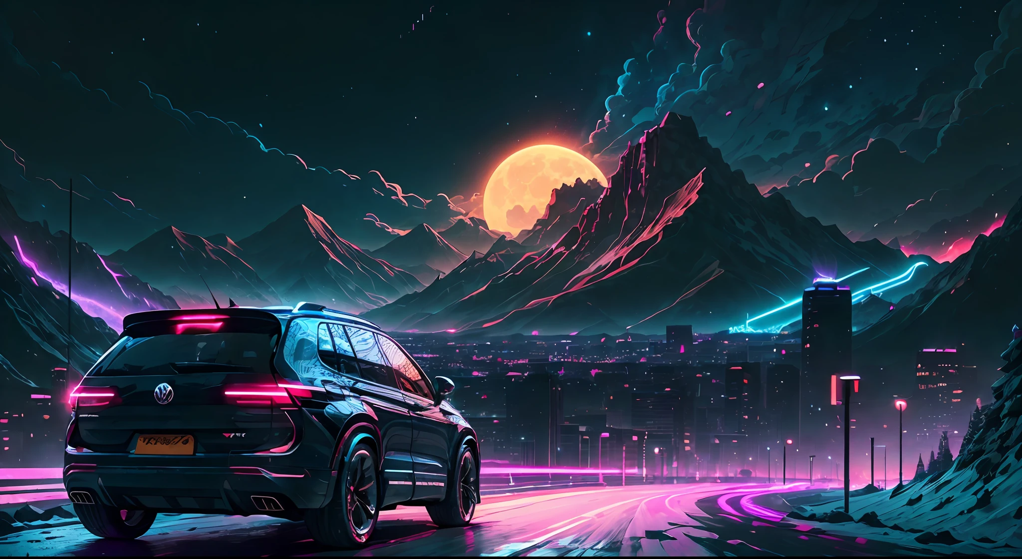 retrowave. city, 2022 vw tiguan, wide body kit, road, purple neon lights, moon, mountain,
(masterpiece, detailed, highres),