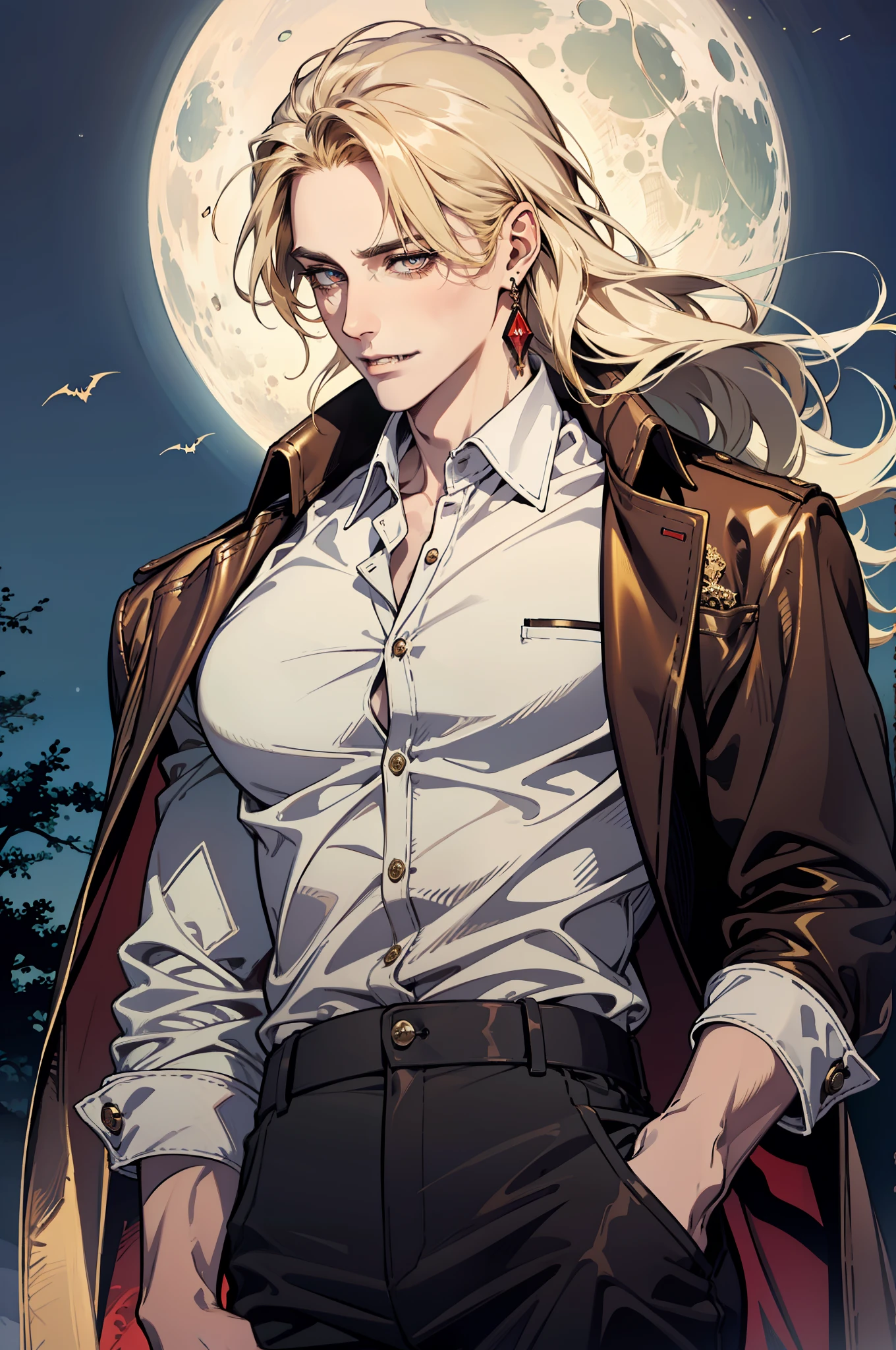 (absurdres, highres, ultra detailed), 1man, 30 years old man, adult man, handsome, tall,, finely detailed eyes and detailed face, brown leather pants, white shirt, night, smile, dutch angle, ((long hair, blonde hair)), moon, gold details, earrings, gothic, vampire, vampire prince, dark, simple clothes, looking at the view, pale skin, red detailed eyes, (masculine), sexy, elegant, long bangs