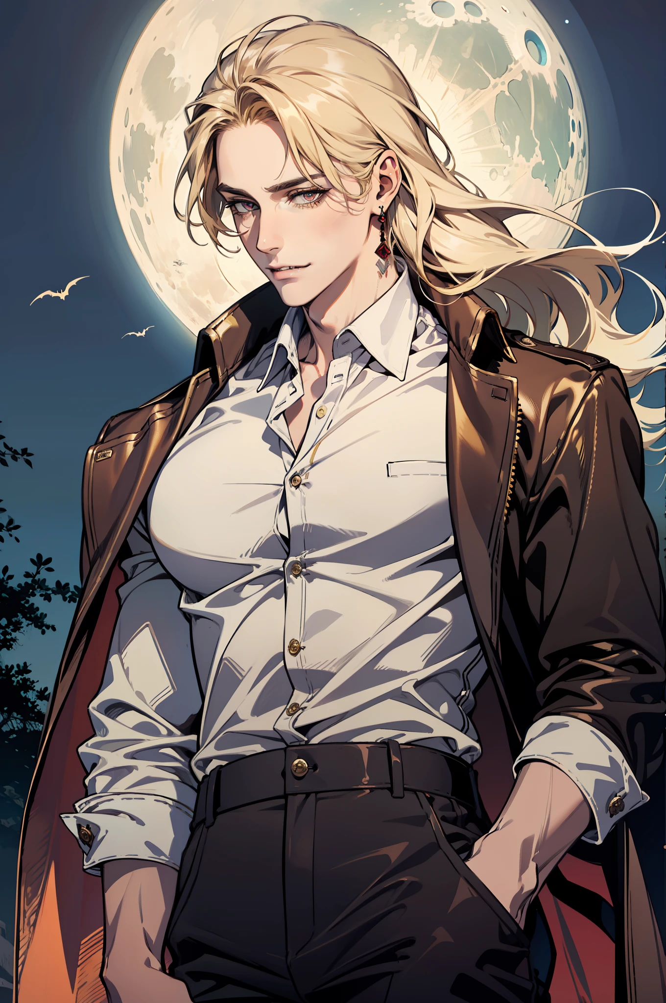 (absurdres, highres, ultra detailed), 1man, 30 years old man, adult man, handsome, tall,, finely detailed eyes and detailed face, brown leather pants, white shirt, night, smile, dutch angle, ((long hair, blonde hair)), moon, gold details, earrings, gothic, vampire, vampire prince, dark, simple clothes, looking at the view, pale skin, red detailed eyes, (masculine), sexy, elegant, long bangs
