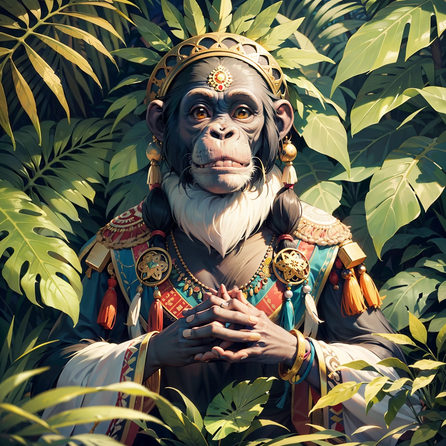 Chimpanzee ((Indian)),, ((with praying hands)),, chimpanzee hands, hair with details, with indigenous headdress on the head, ((meditating)) colorful feathers, facing the camera, detail: dense tropical foliage, highly detailed intricate, ((masterpiece)), ultra hyperrealistic, masterpiece