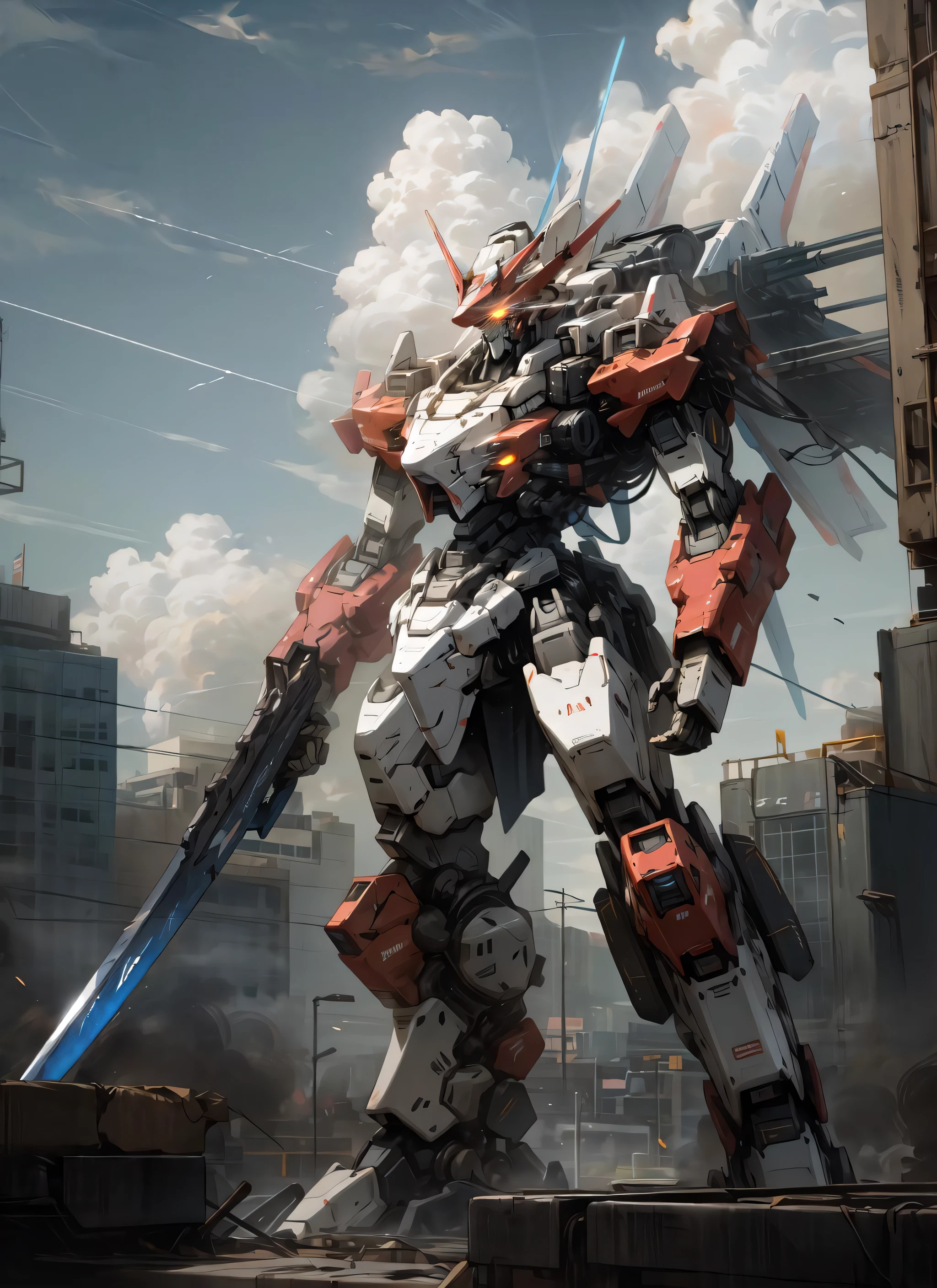 sky, cloud, holding_weapon, no_humans, glowing, , robot, building, glowing_eyes, mecha, science_fiction, city, realistic,mecha