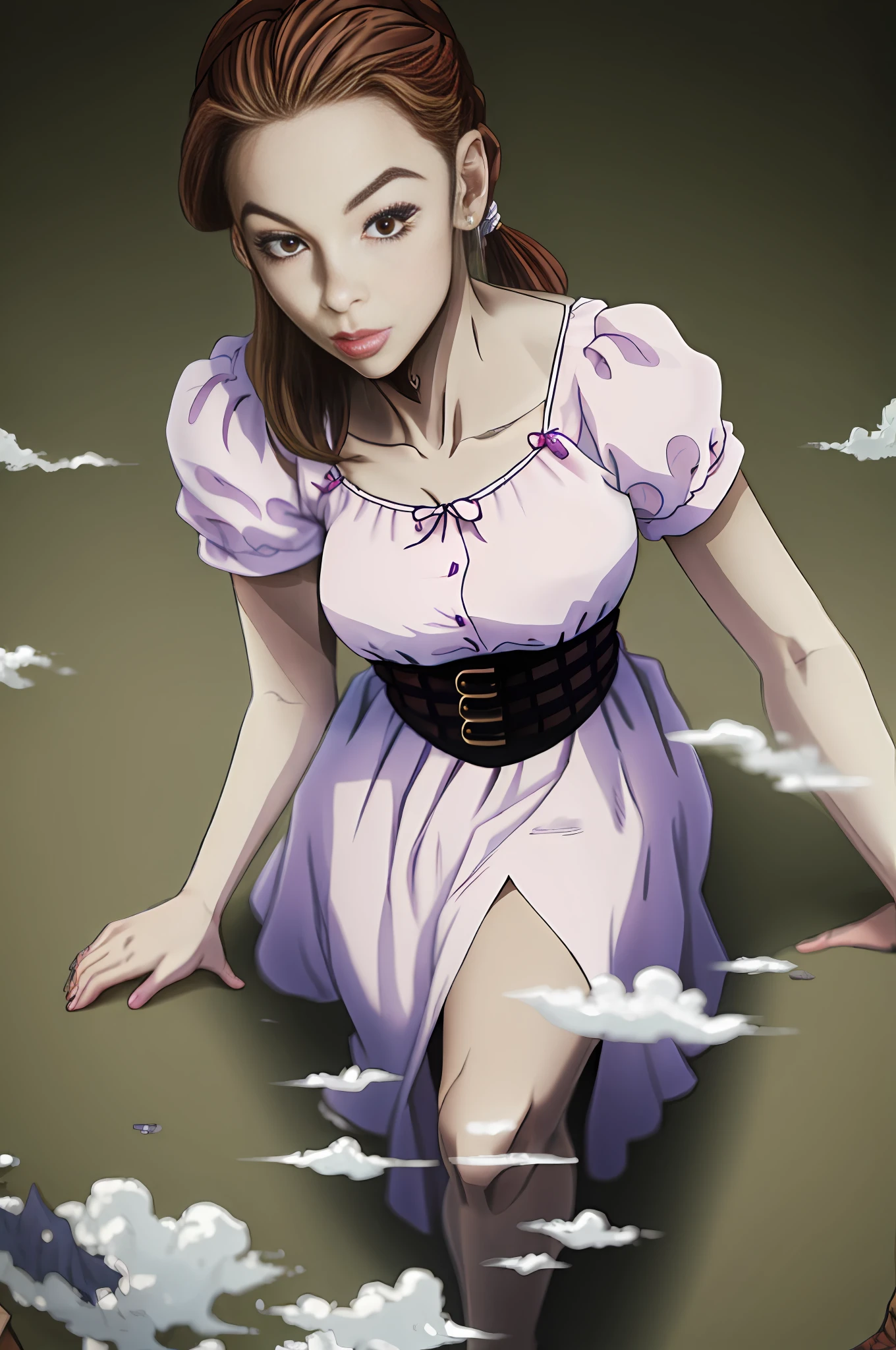 ((masterpiece, best quality, high resolution)), a mature-looking woman of medium to above average height and a slender construction, large chest, with light hair in an arrangement between a light honeycomb and a ponytail, fringe divided into a clean bow reaching the level of the cheek, dark eyebrows resting on the top of the forehead, a light pink dress with neckline and a thick corset belt at the waist, two smaller belts fastened around it, and a pair of sandals