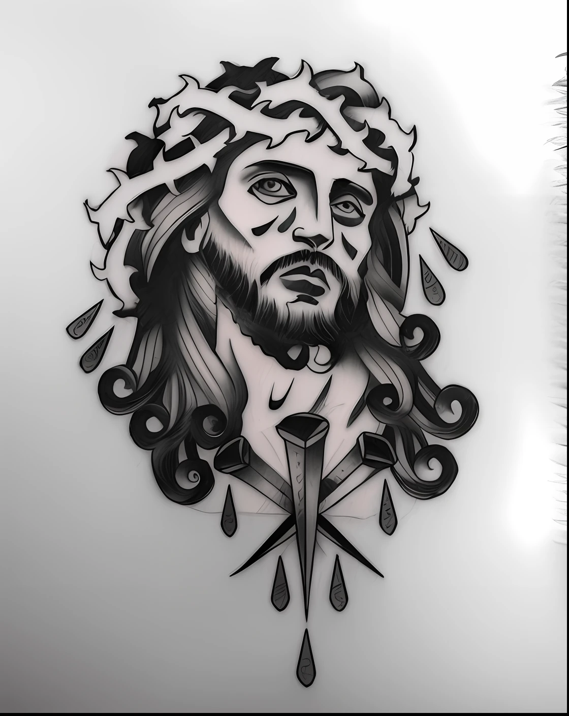 black and white drawing of jesus face with nails, jesus face, tattoo design, colorful jesus, medium tattoo sketch, line drawing tattoo, tattoo design sketch, jesus christ inspired by matia sturm, tattoo template, elaborate ink illustration, clean lines, rodney josef bourne, tattoo sketch, tattoo sketch