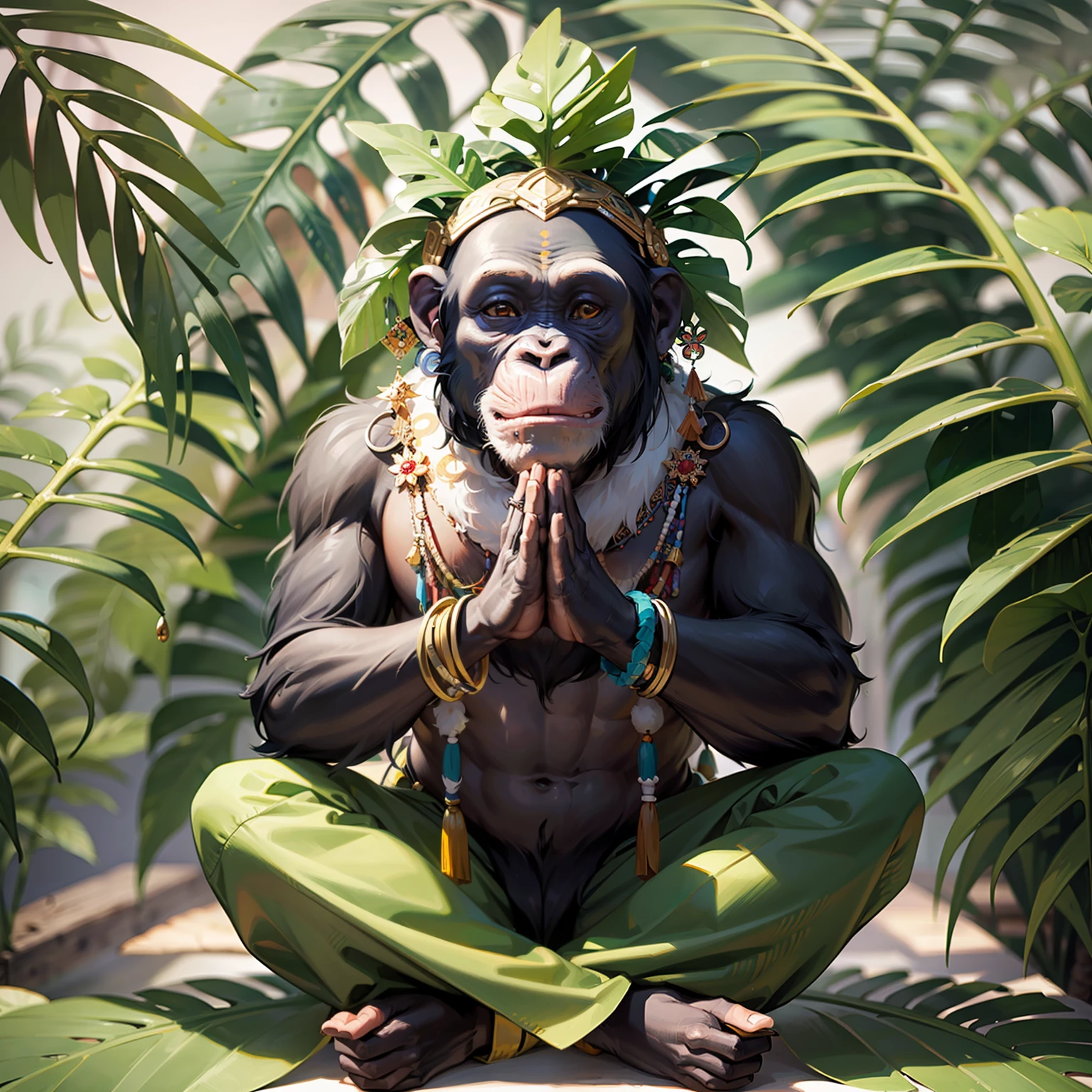 Chimpanzee ((Indian)),, ((with praying hands)),, chimpanzee hands, hair with details, with indigenous headdress on the head, ((meditating)) colorful feathers, facing the camera, detail: dense tropical foliage, highly detailed intricate, ((masterpiece)), ultra hyperrealistic, masterpiece