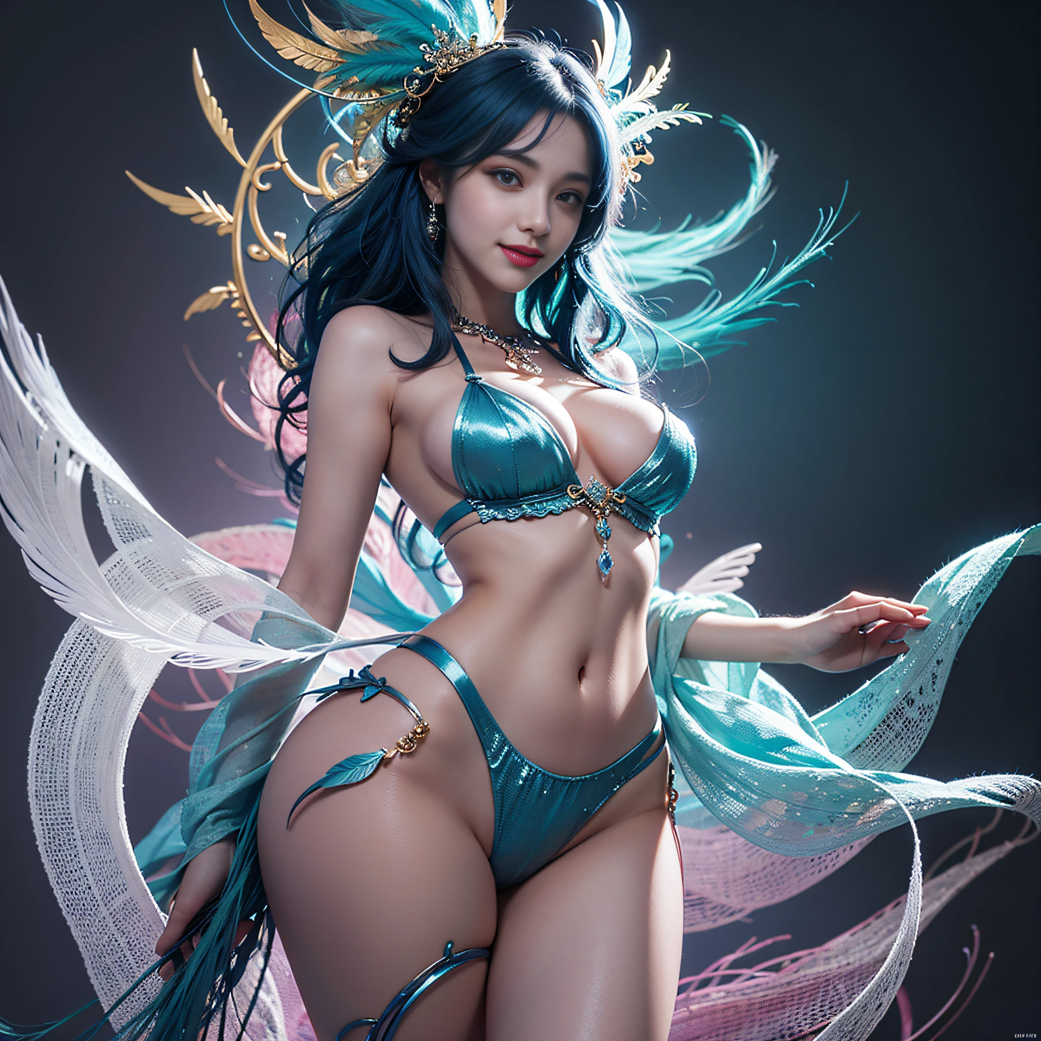Woman with blue hair and colorful feathers, colorful digital fantasy art, colorful digital art, fantasy art style, beautiful digital artwork, 4K highly detailed digital art, peeking breasts, big eyes, light smile, 8k, very fine face, delicate lips, delicate eyes, double eyelids, long and slender legs