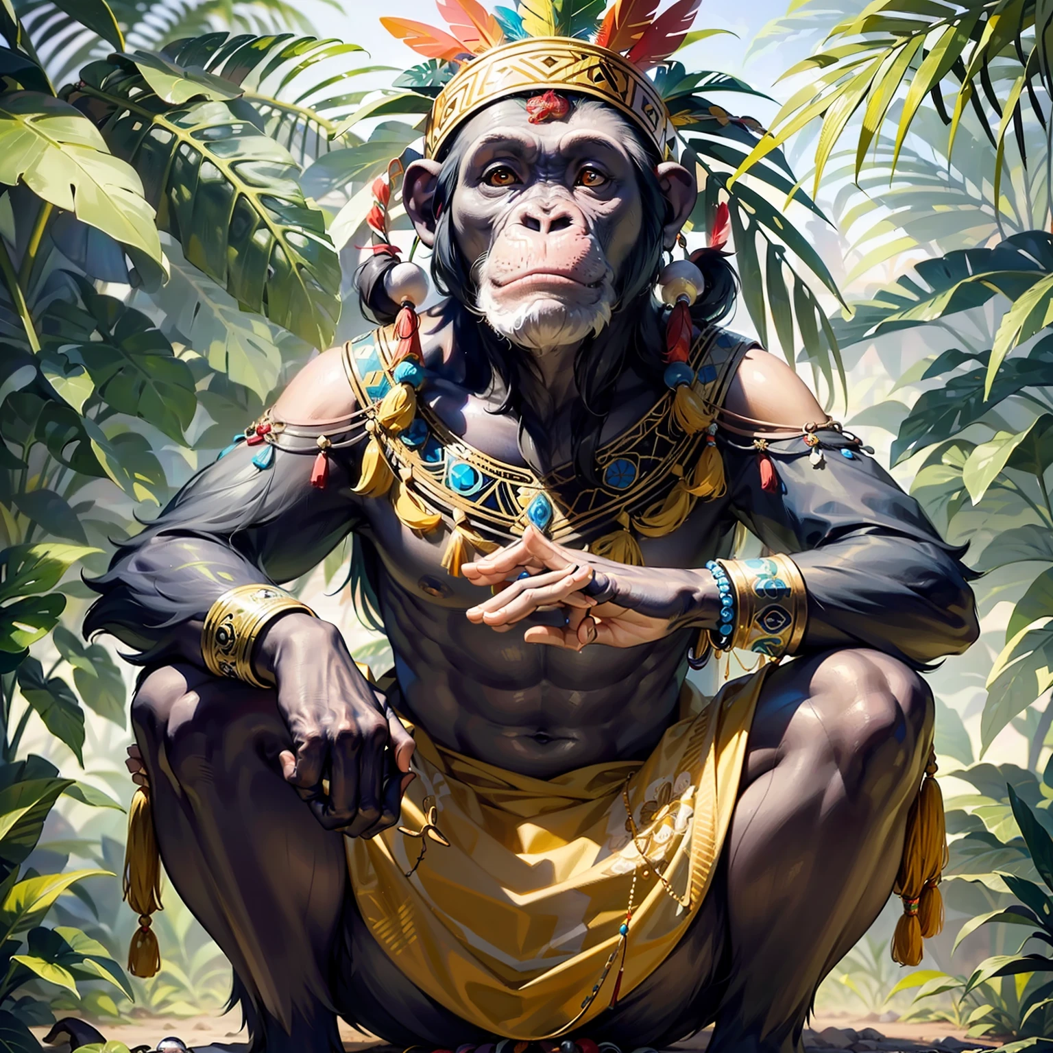 Chimpanzee ((Indian)),, ((with praying hands)),, chimpanzee hands, hair with details, with indigenous headdress on the head, ((meditating)) colorful feathers, facing the camera, detail: dense tropical foliage, highly detailed intricate, ((masterpiece)), ultra hyperrealistic, masterpiece