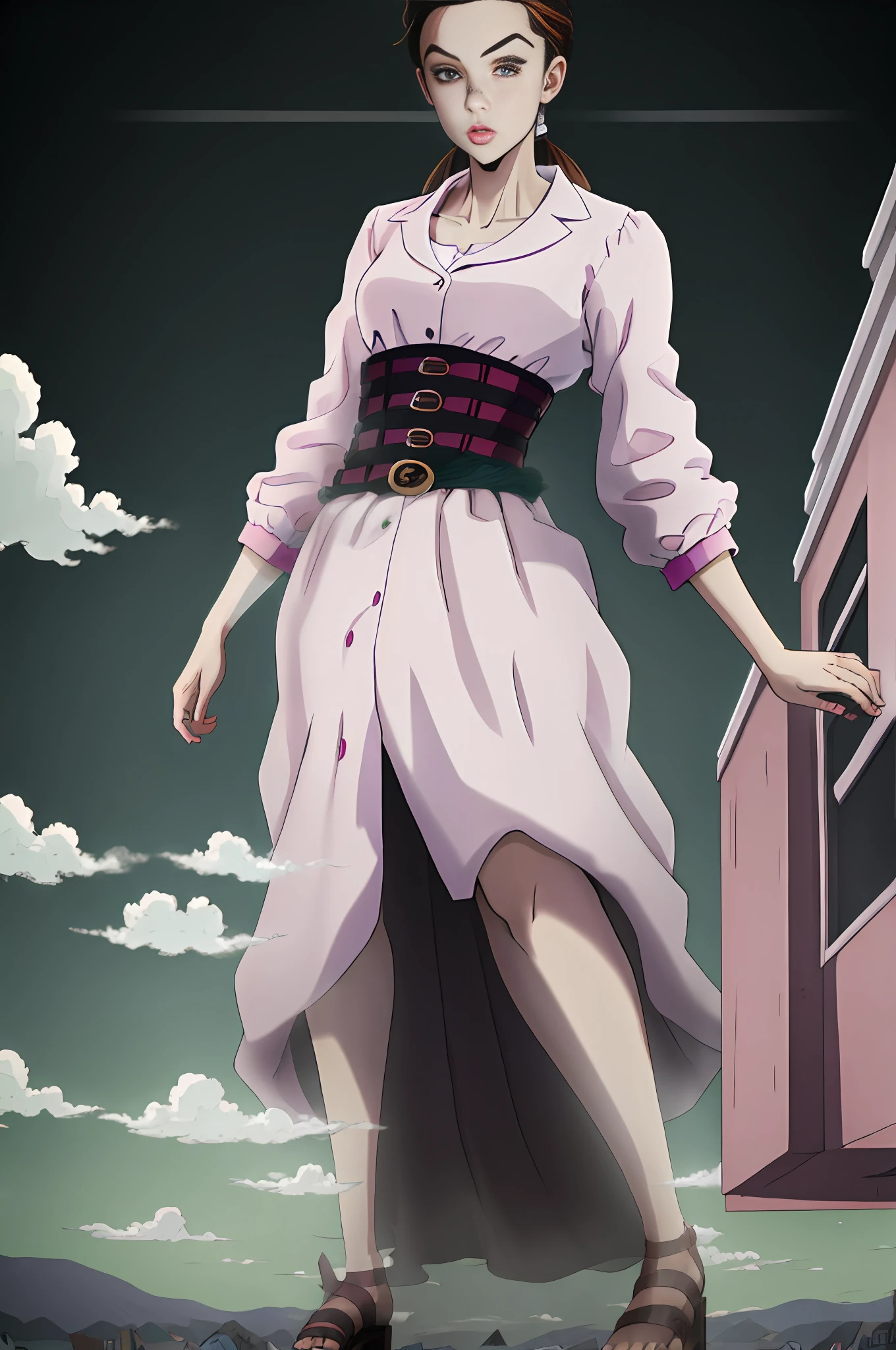 ((masterpiece, best quality, high resolution)), a mature-looking woman of medium to above average height and a slender construction, large ?????, with light hair in an arrangement between a light honeycomb and a ponytail, fringe divided into a clean bow reaching the level of the cheek, dark eyebrows resting on the top of the forehead,  a light pink dress with neckline and a thick corset belt at the waist, two smaller belts fastened around it, and a pair of sandals