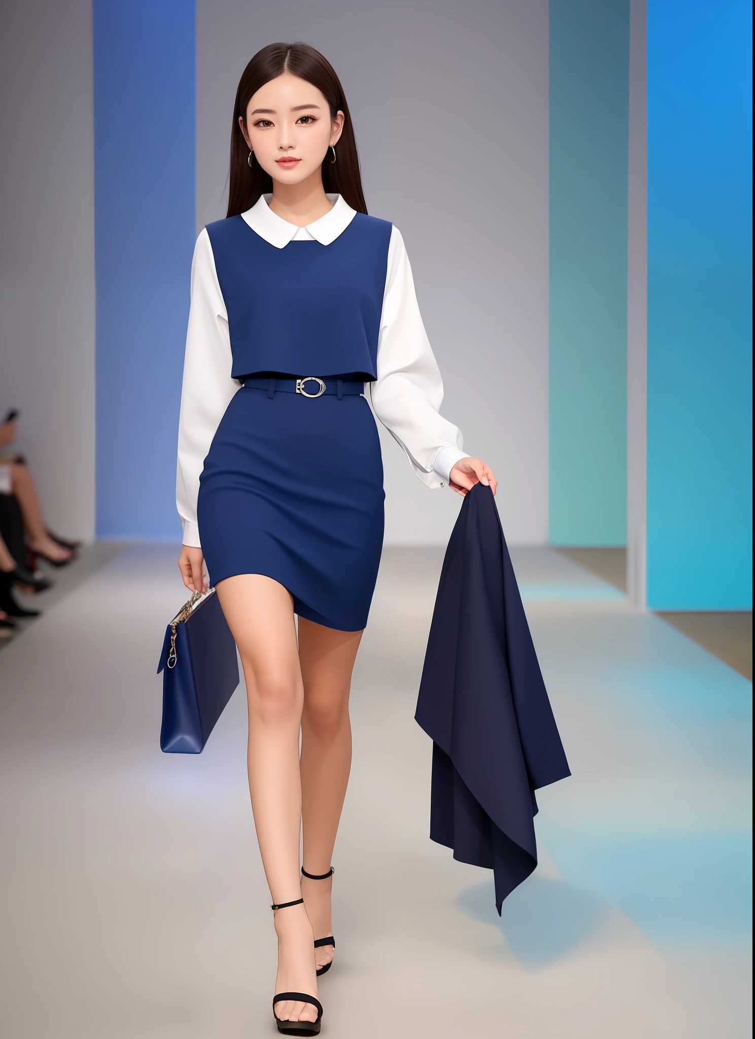 Office industry, professional uniform, full set, style, European style, fashionable style, clear lines, background blue, simple atmosphere, require a full set of effects, use more suitable models to show, walking on the catwalk, catwalk walking, stage walking, the front can see the overall effect, the customer wants the overall effect, the customer requires the front, the overall effect can be seen clearly, can see the style at a glance,