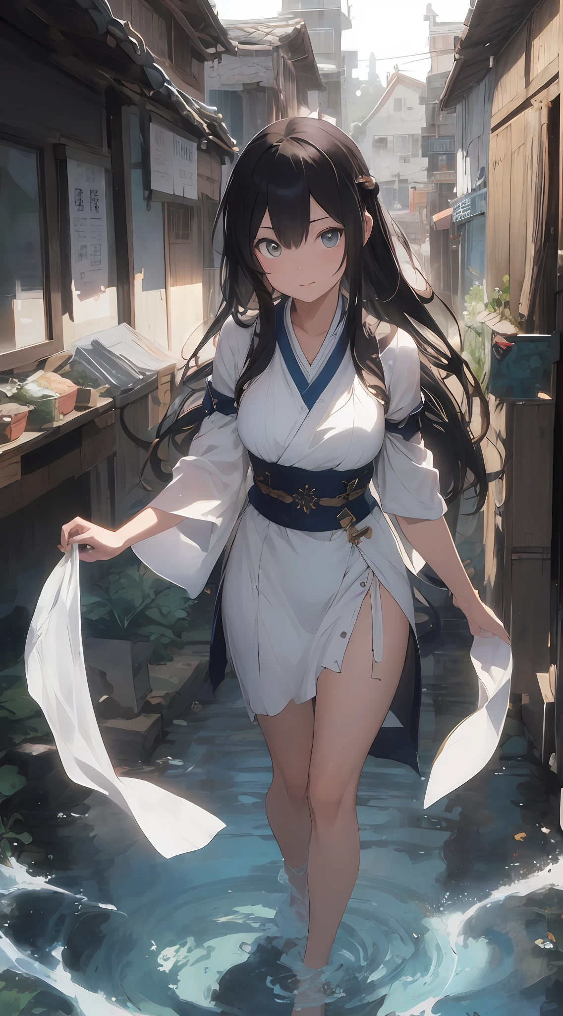 a close up of a woman with a sword in a white dress, a character portrait by Yang J, trending on cgsociety, fantasy art, beautiful character painting, artwork in the style of guweiz, guweiz, white hanfu, flowing white robes, full body wuxia, epic exquisite character art, stunning character art, beautiful female assassin