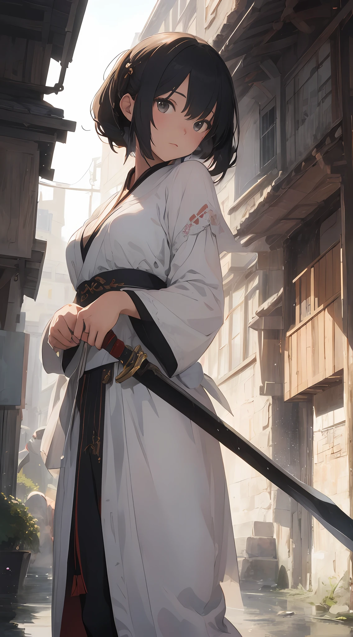 a close up of a woman with a sword in a white dress, a character portrait by Yang J, trending on cgsociety, fantasy art, beautiful character painting, artwork in the style of guweiz, guweiz, white hanfu, flowing white robes, full body wuxia, epic exquisite character art, stunning character art, beautiful female assassin