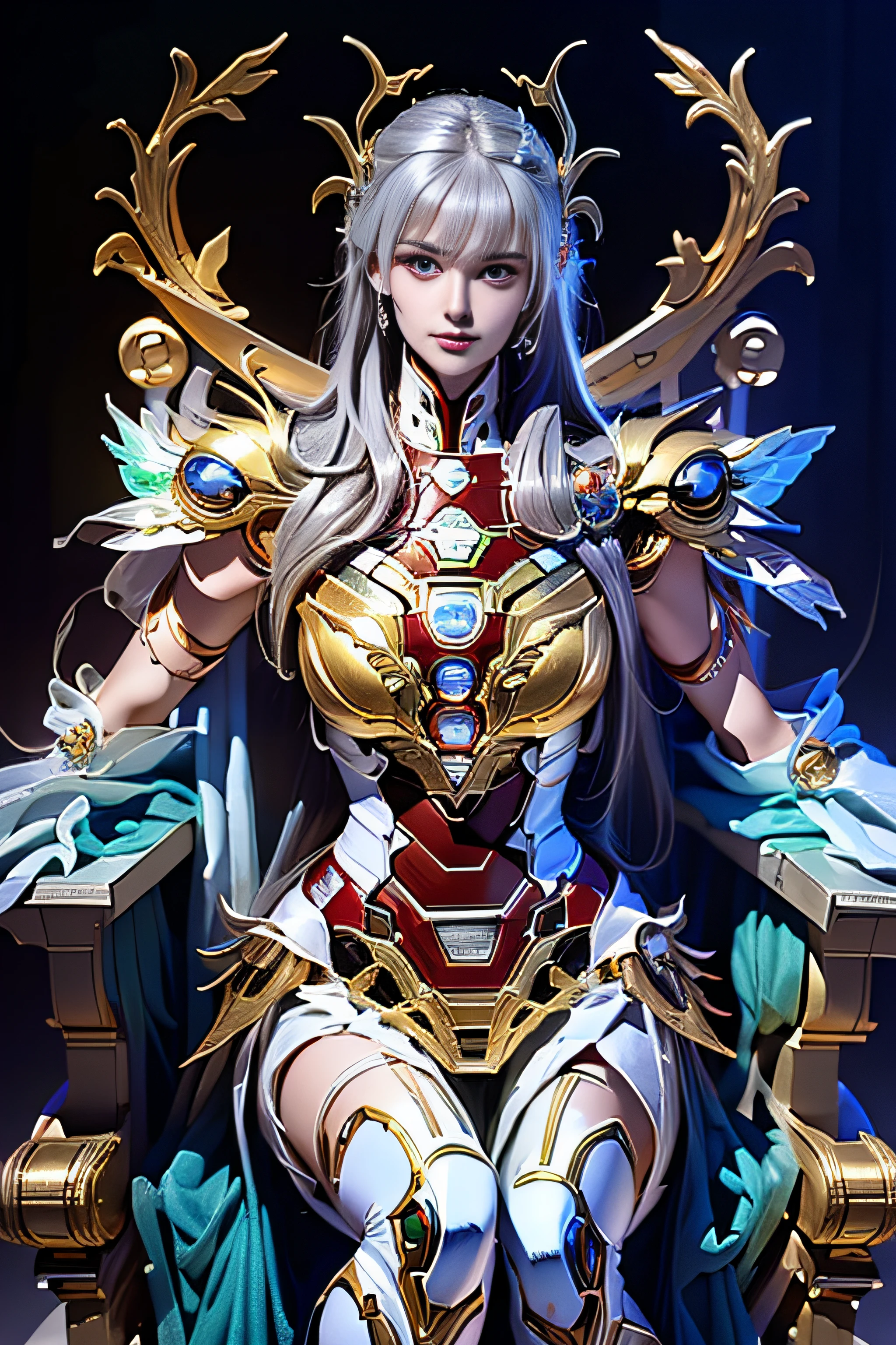 Cyberpunk style mecha Marvel Movie Iron Man Saint Seiya Kamen Rider Queen sitting on throne, ancient technology, ancient legends, white hair (white stockings: 1.5) (Throne: 1.4), sword, (mecha God of War), Egyptian style, (Saint Seiya: 1.7), Taoist symbols, (dragon pattern: 1.6), (gold thread: 1.5) ultra-realistic, Boca effect, shot in the style of David La Chapelle, bioluminescent palette: lilac, pale gold, bright white, ultra-fine, cinematic still life, vibrancy, Unrealistic engine style, Sakimichan, lower chest, perfect eyes, highest image quality 16K, inspired by Harry Winston, shot on Canon EOS R 6, masterpiece, --Chaos 50, gray hair, crown, mole under the eyes, gitchham, wide angle, canon, from above, projection illustration, ray tracing, surrealism, textured skin