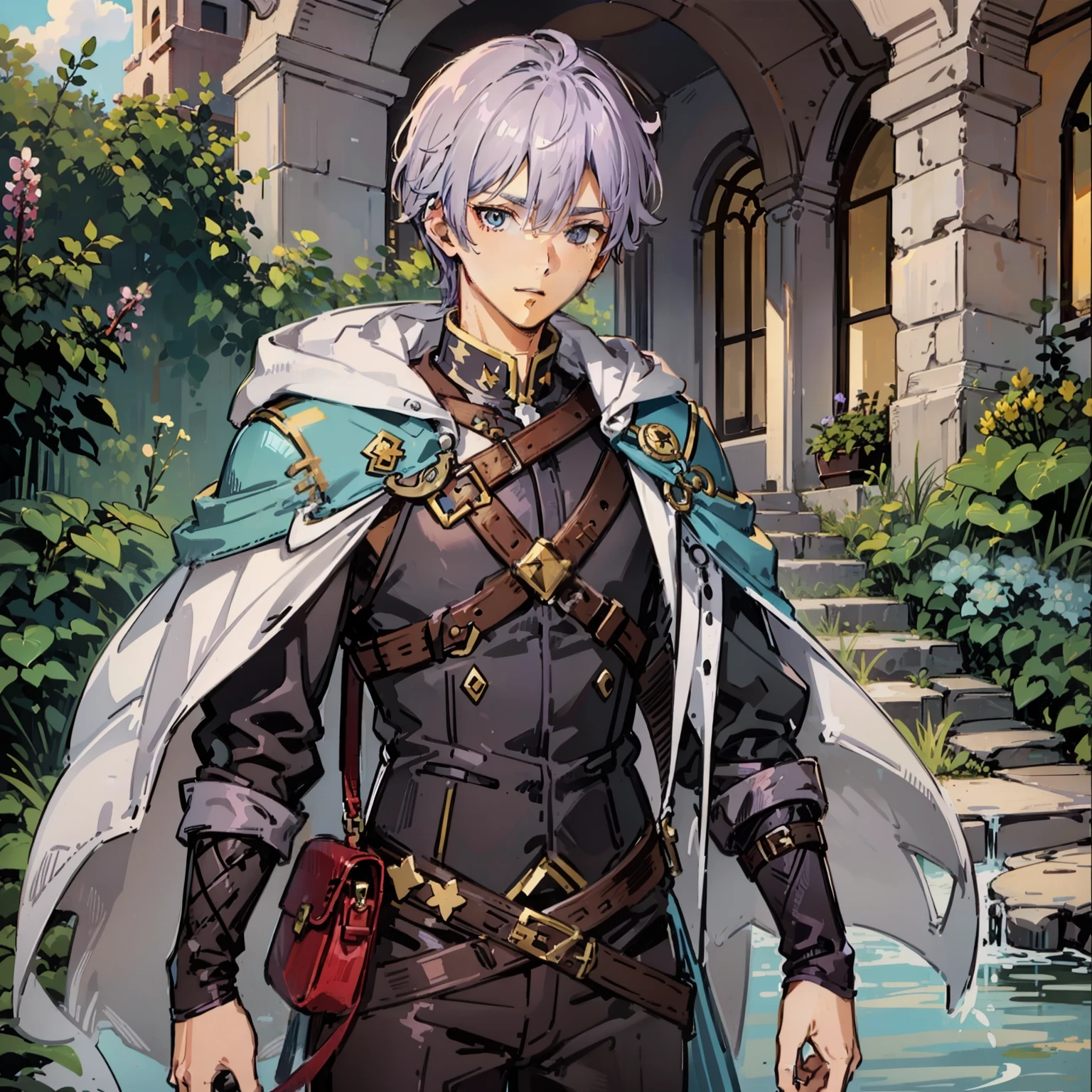 A male with lilac-coloured hair, no beard. Has grey eyes. Wears an adventurer's outfit.