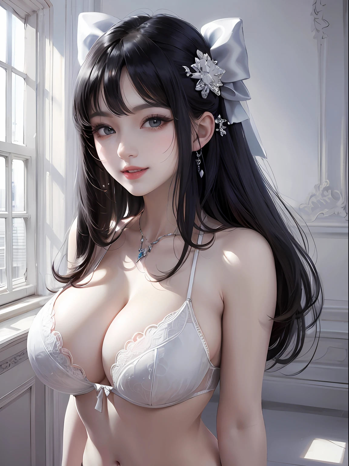 black hair, hair bobbles, long eyelashes, solid circle eyes, light smile, multiple hair bows, navel, realism, drop shadow, dutch angle, 8k, super detail, ccurate, best quality, (white theme:1.4), huge boobs, cleavage, micro bra