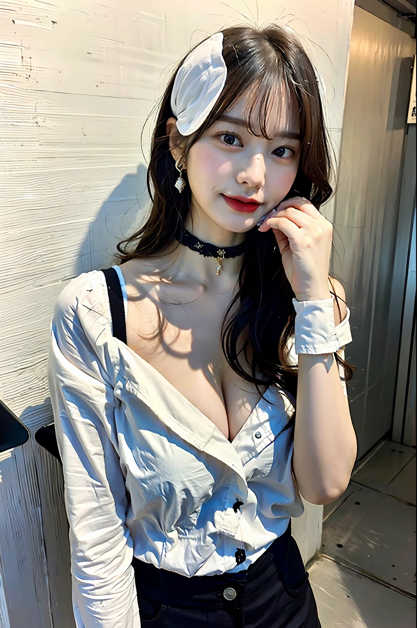 (masterpiece:1.2), realistic, photo of 18 y.o girl in a loose shirt(unbuttoned shirt), half, best quality, big breasts, Bare Shoulders, cleavage, nsfw, [[Hands hidden behind the back]], earrings, Complete shirts, black choker, solo, [sfw],