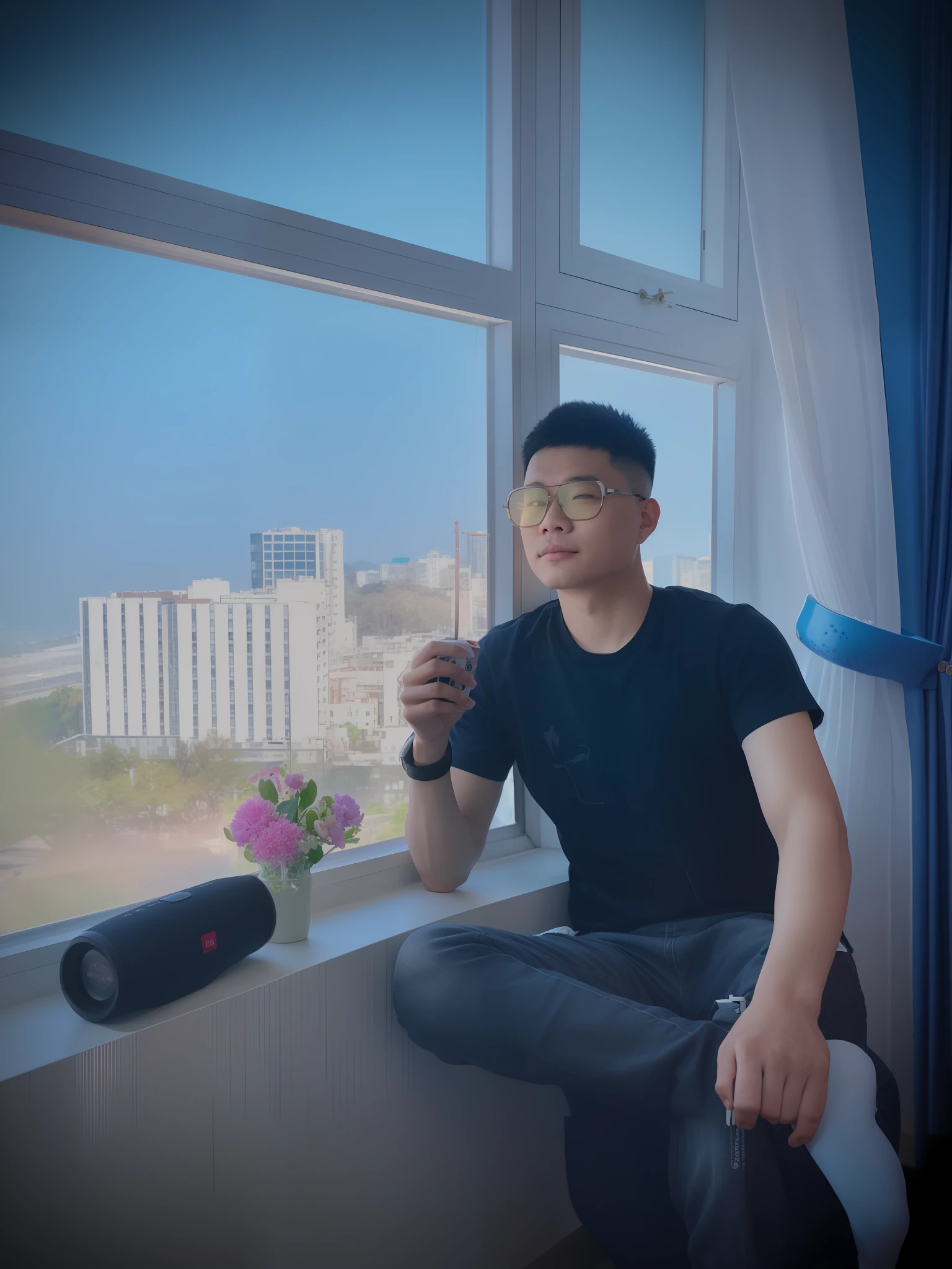 there is a man sitting on a window sill holding a cup, lofi portrait at a window, taken with sony alpha 9, taken with canon 8 0 d, profile picture 1024px, 中 元 节, xintong chen, photo taken with canon 5d, cai xukun, inspired by Ding Yunpeng, inspired by Cao Buxing