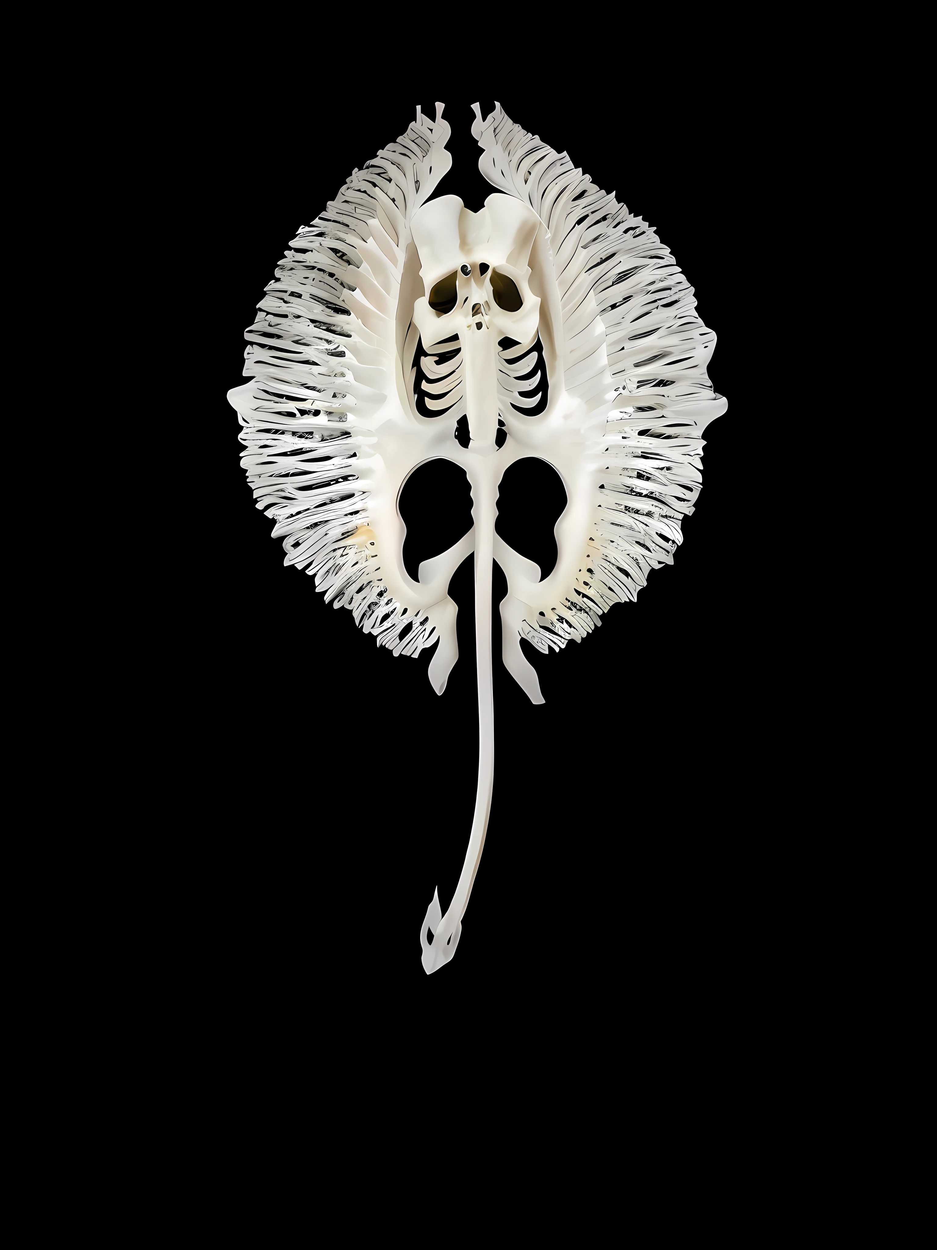 Arafed skeleton of a stingray with a long, symmetrical gelatinous tail, anatomical fractal, stingray skeleton, skeleton - as a creature, skeleton-like creature, gaping gills and baleen, made of leaf skeleton, made of leaf skeletons, skeleton with extra fleshy pieces, translucent gills, stingray thorax, spine, huge spines