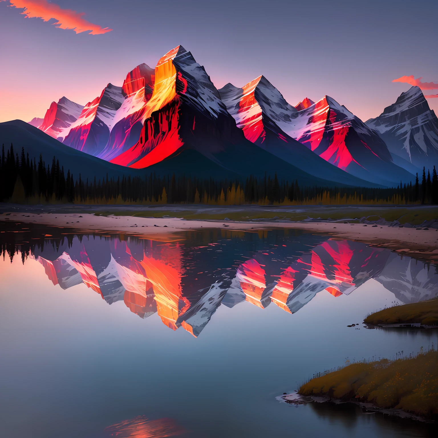 reflection of purple blue red and orange light on the mountain with a lake underneath, realistic --auto