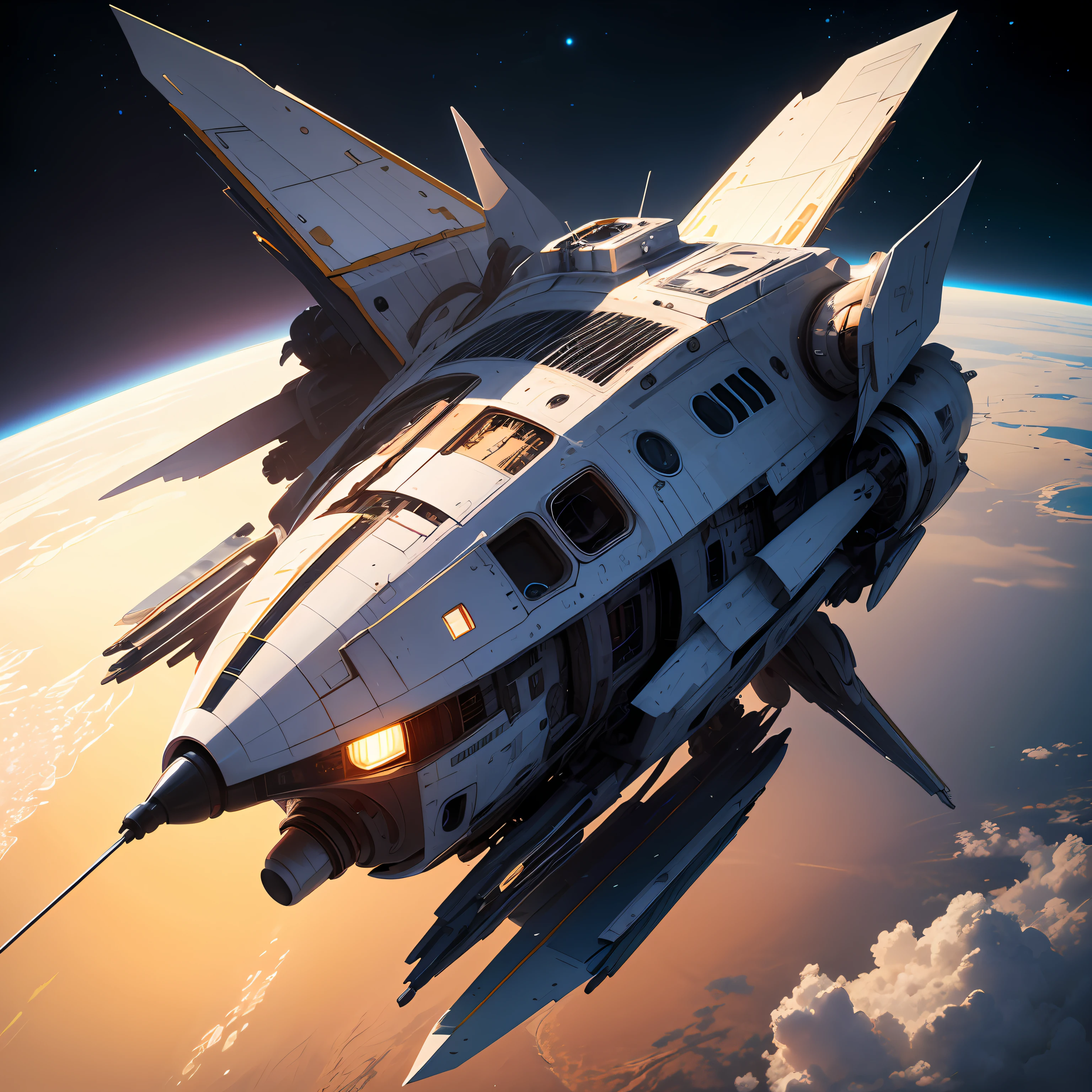 High quality, high resolution, (masterpiece:1.2), super detailed, 1boy, seen from above, space, spaceship, floating, war scenes --auto --v 6