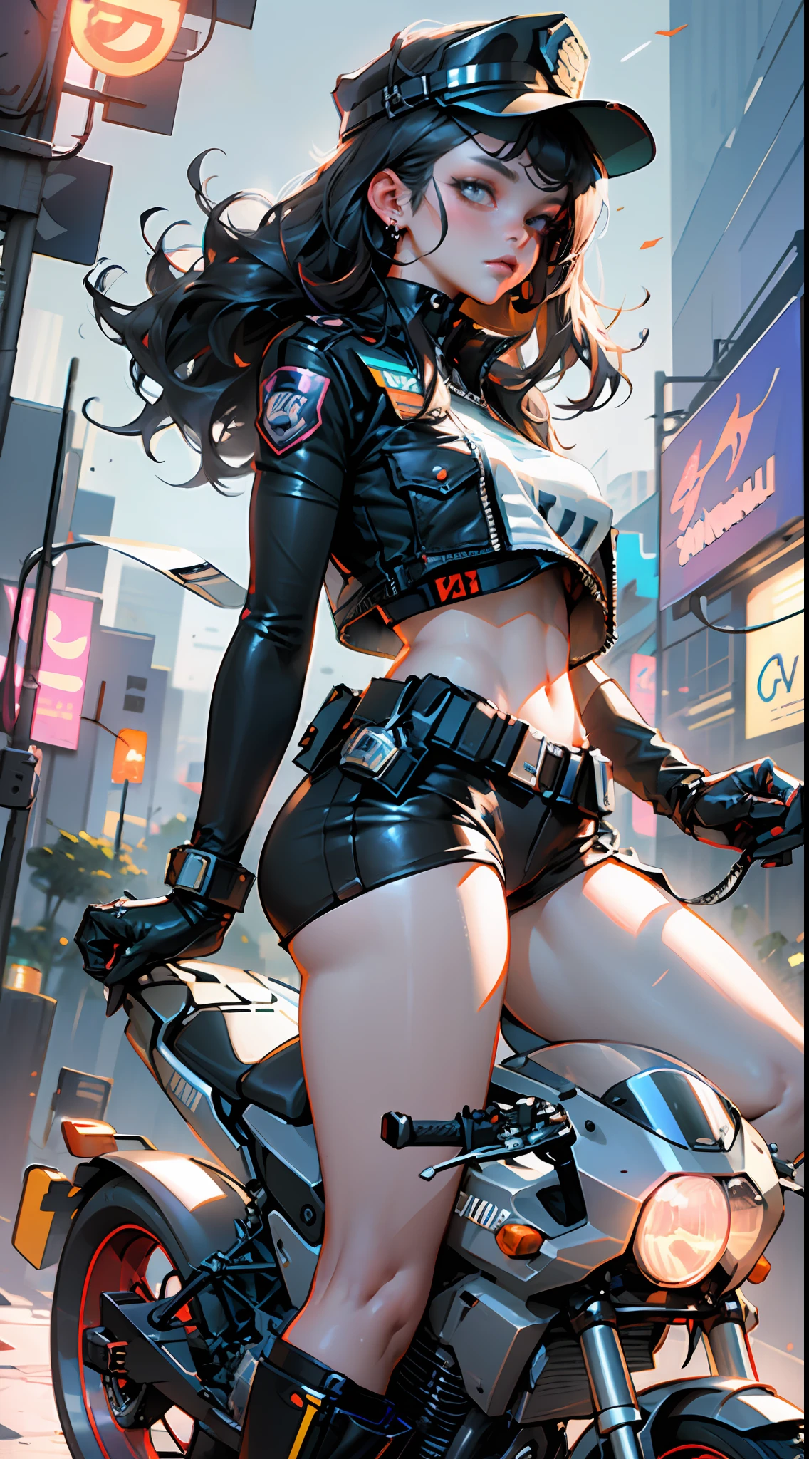 Beautiful woman medium hair, wearing cap, cyberpunk style short clothes, cyberpunk police woman, tomboy, Traffic Police, flying futuristic police motorcycle, police hovercycle patrol, night, neons