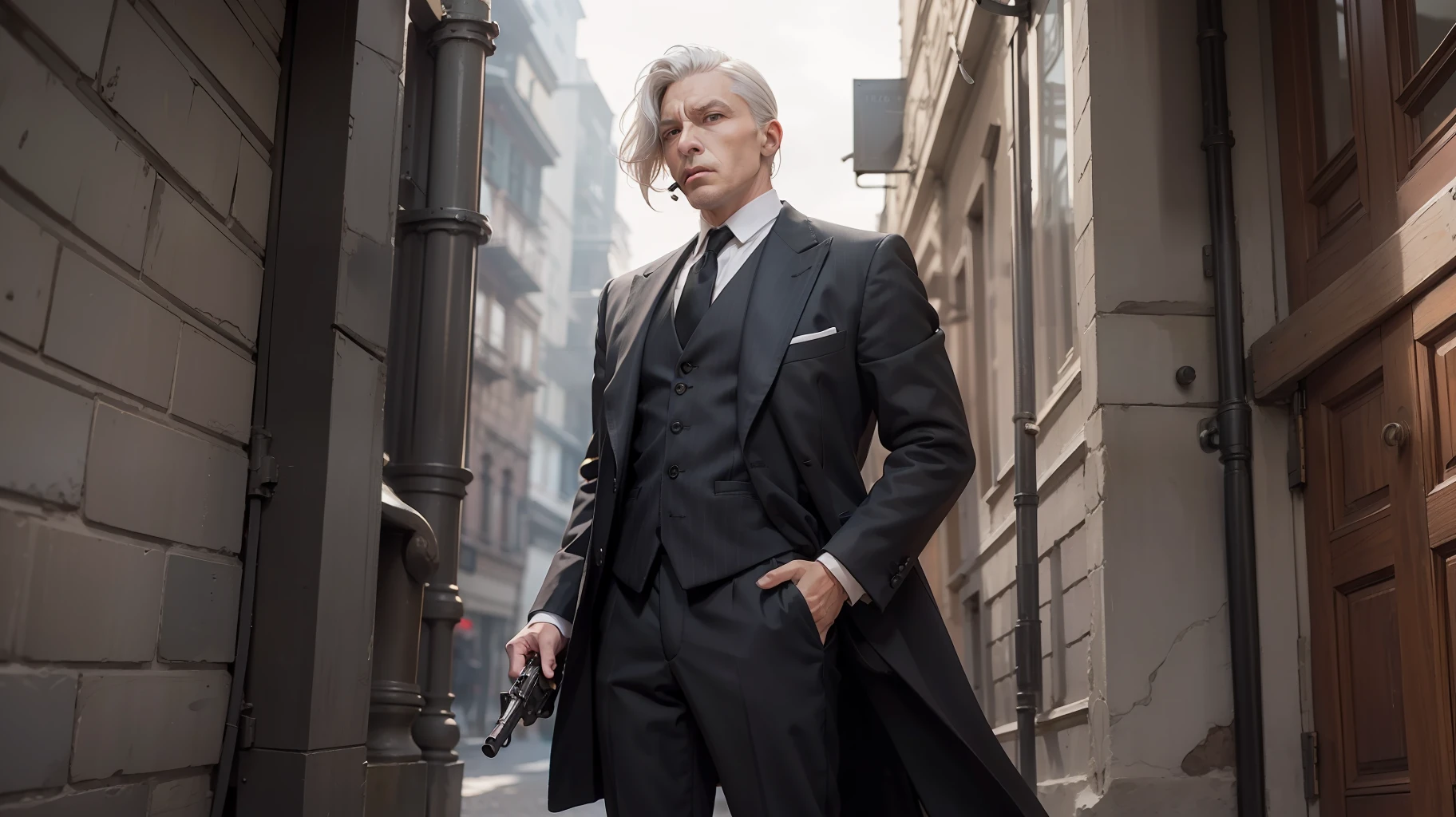 There is a man standing he is 45 years old, white hair without a beard dresses in a black overcoat suit, white shirt, gray vest and black pants, elegant, 20's style, peaky blinders, realistic, smokes cigarette, armed with a Tompson machine gun, holding gun in front of body, full body image, evil look from below stop up, angry, furry, in front of a mansion with double wooden doors, gray wall with no detail and simple rectangular door with long silver handles vertically.