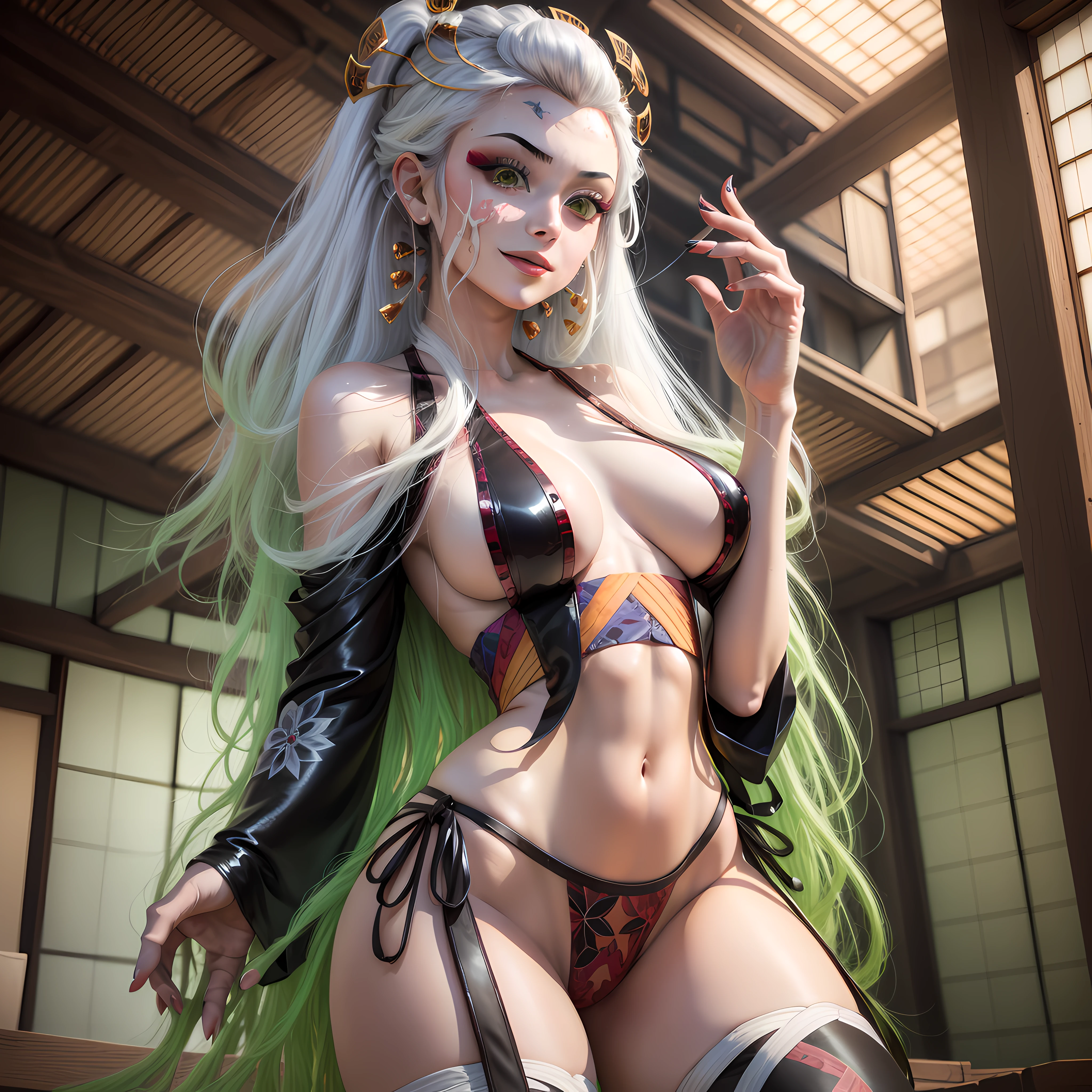 (masterpiece, top quality, best quality, official art, beautiful and aesthetic:1.2), (1girl), (cowboy shot:1.5), colorful,highest detailed, DakiV4, DakiEyesV4, solo, long hair, hair ornament, thighhighs, white hair, multicolored hair, gradient hair, green hair, underwear, panties, green eyes, large breasts, smiling, fingernails, (japanese architecture:1.3),