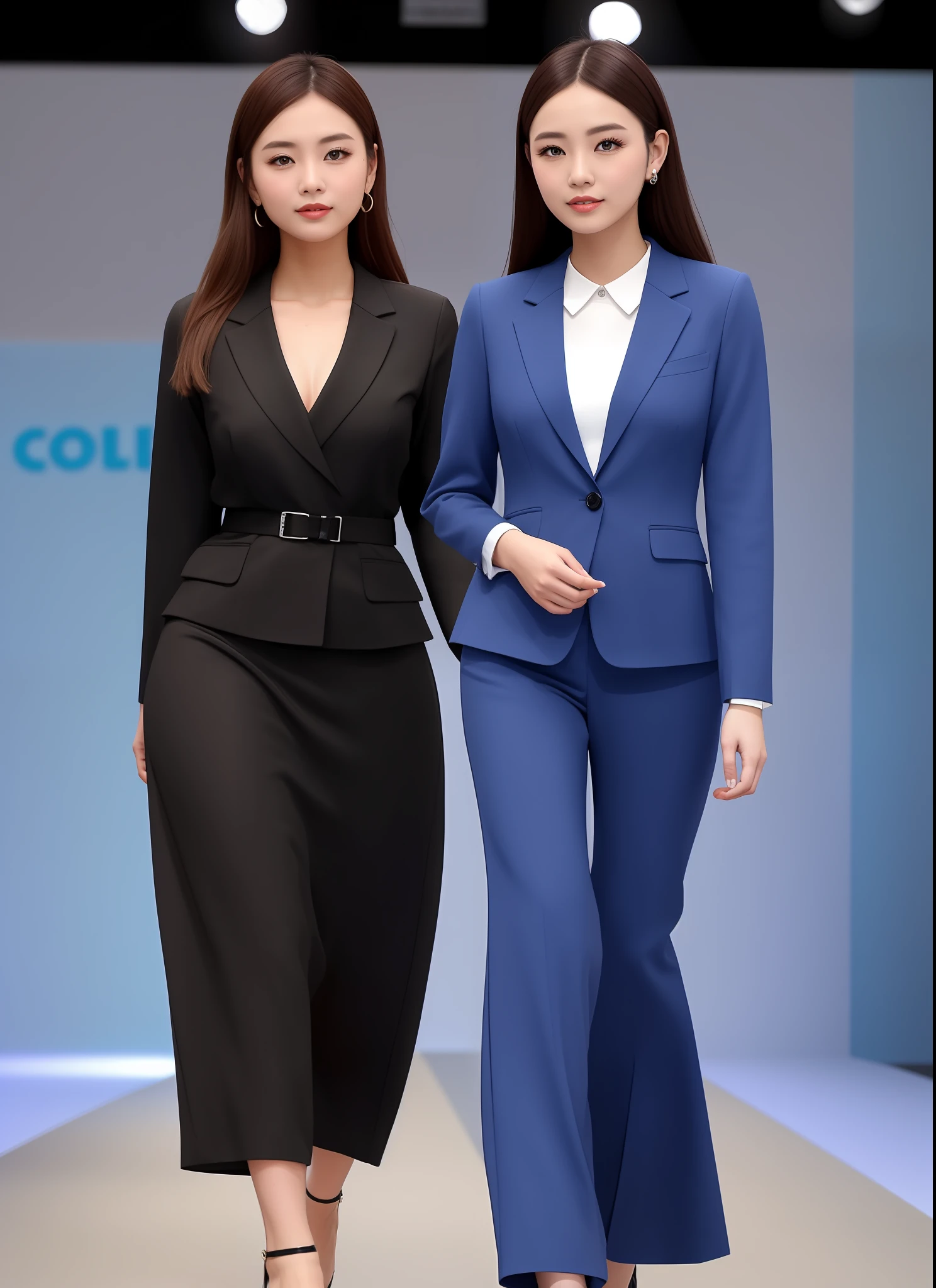 Office industry, professional uniform, full set, style, European style, fashionable style, clear lines, background blue, simple atmosphere, require a full set of effects, use more suitable models to show, walking on the catwalk, catwalk walking, stage walking, the front can see the overall effect, the customer wants the overall effect, the customer requires the front, the overall effect can be seen clearly, can see the style at a glance,