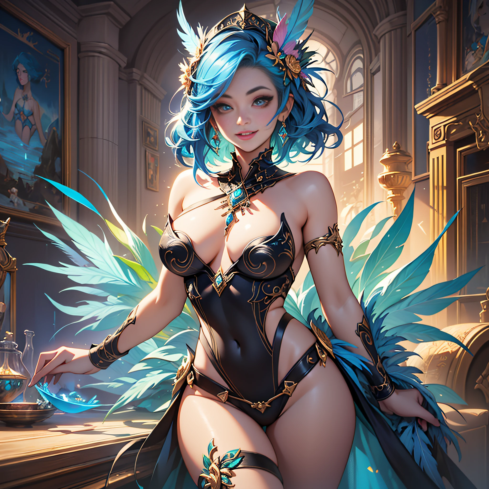 Woman with blue hair and colorful feathers, colorful digital fantasy art, colorful digital art, fantasy art style, beautiful digital artwork, 4K highly detailed digital art, peeking breasts, big eyes, light smile, 8k, very fine face, delicate lips, delicate eyes, double eyelids, long and slender legs