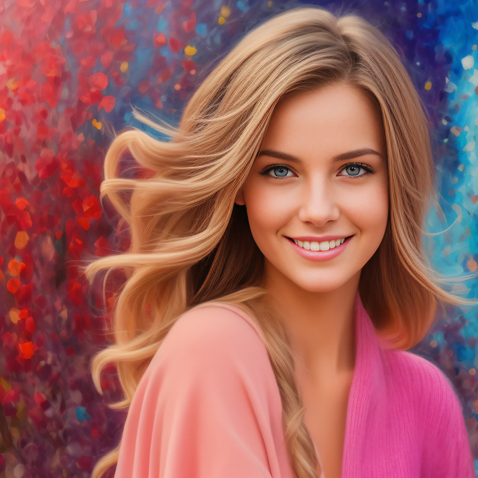 Blonde smiling strolling in the mall, shops in the background. The image should show radiant beauty and convey an aura of serenity and introspection. Painting with cinematic quality, colorful, with vibrant and well-defined colors, exceptional colors in 8K, highlighting every detail, revealing the perfection of the character's facial expression.