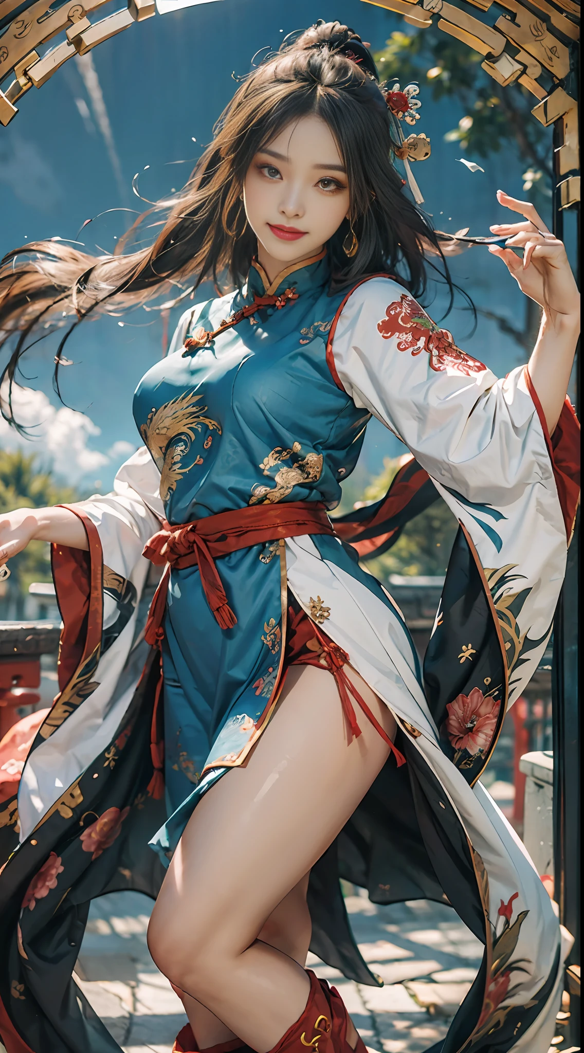Best quality, masterpiece, illustration, very detailed, 1 girl, 1 white Chinese dragon as background, beautiful and detailed girl, very detailed eyes and face, light on face, movie lighting, looking at the audience, rainbow candy, smile, full body, full_body shot, (from the front: 1.2), (((majestic))), floating, blue sky, stone, blue sky, Chinese dragon, glowing blue, clouds, traditional Chinese elements, Chinese red, traditional Chinese hair accessories, elegant hair, floating ribbon, martial cloak, shu style, (martial arts: 1.2), hanfu
