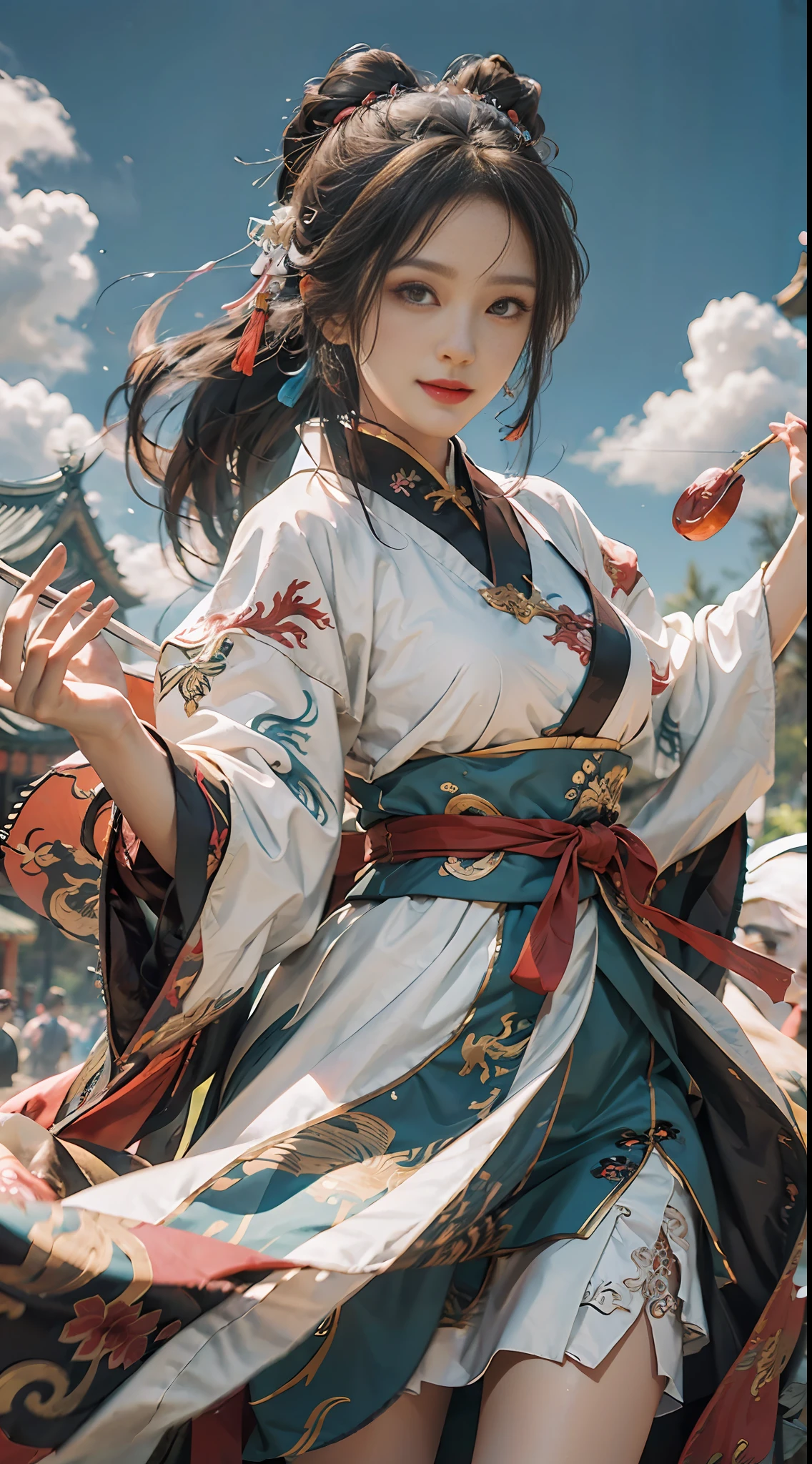 Best quality, masterpiece, illustration, very detailed, 1 girl, 1 white Chinese dragon as background, beautiful and detailed girl, very detailed eyes and face, light on face, movie lighting, looking at the audience, rainbow candy, smile, full body, full_body shot, (from the front: 1.2), (((majestic))), floating, blue sky, stone, blue sky, Chinese dragon, glowing blue, clouds, traditional Chinese elements, Chinese red, traditional Chinese hair accessories, elegant hair, floating ribbon, martial cloak, shu style, (martial arts: 1.2), hanfu