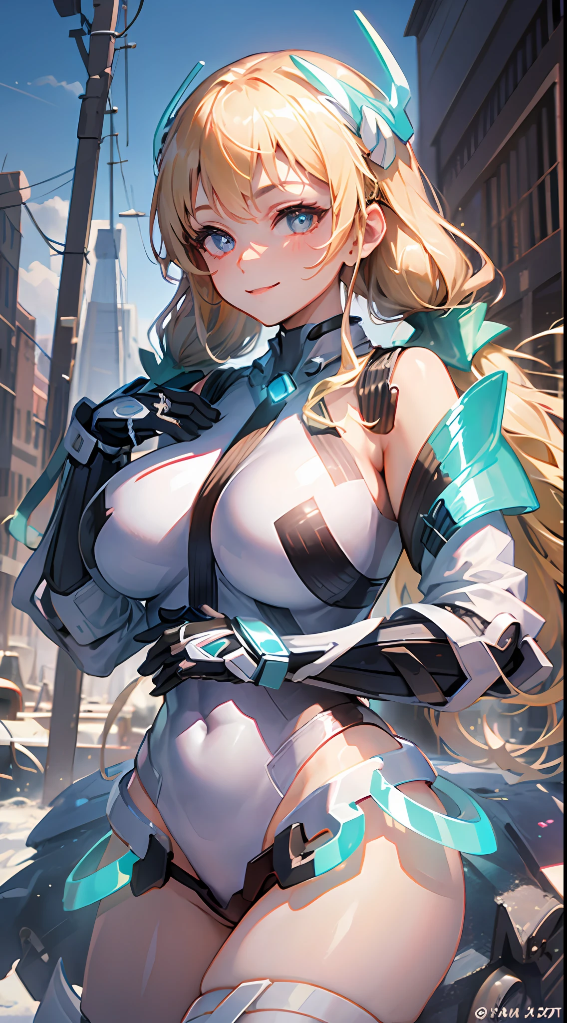 1girl,solo, light smile,huge breasts, deva battle suit,gloves, very long hair,outdoors,
blonde_hair,long hair,hand on own chest, heart-shaped pupils, light smile, headgear,skin tight, low twintails,