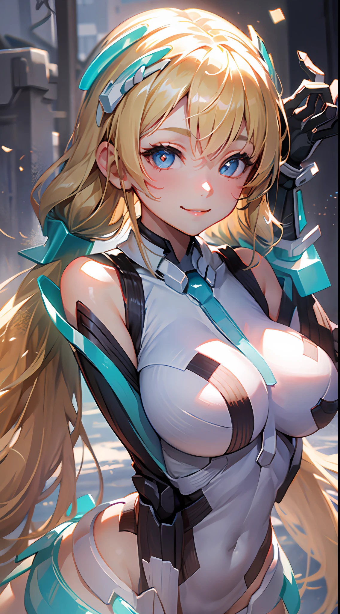 1girl,solo, light smile,huge breasts, deva battle suit,gloves, very long hair,outdoors,
blonde_hair,long hair,hand on own chest, heart-shaped pupils, light smile, headgear,skin tight, low twintails,