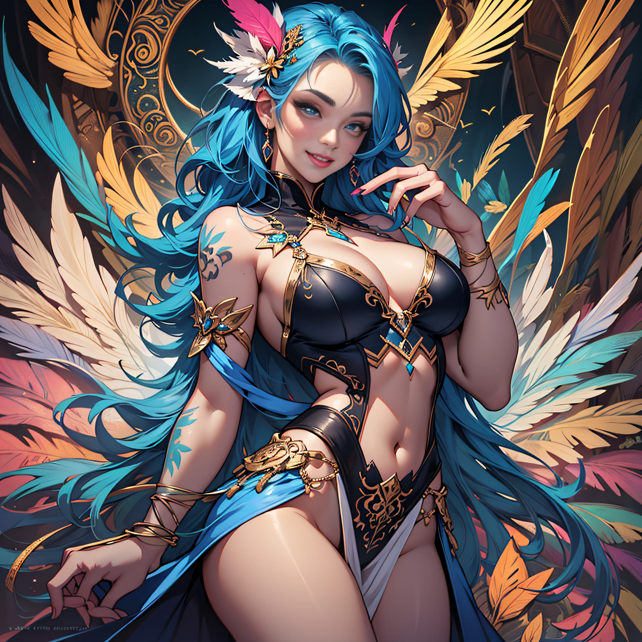 Woman with blue hair and colorful feathers, colorful digital fantasy art, colorful digital art, fantasy art style, beautiful digital artwork, 4K highly detailed digital art, slightly visible breasts, big eyes, light smile, 8k, very fine face, delicate lips, lovely eyes, double eyelids, long and slender legs