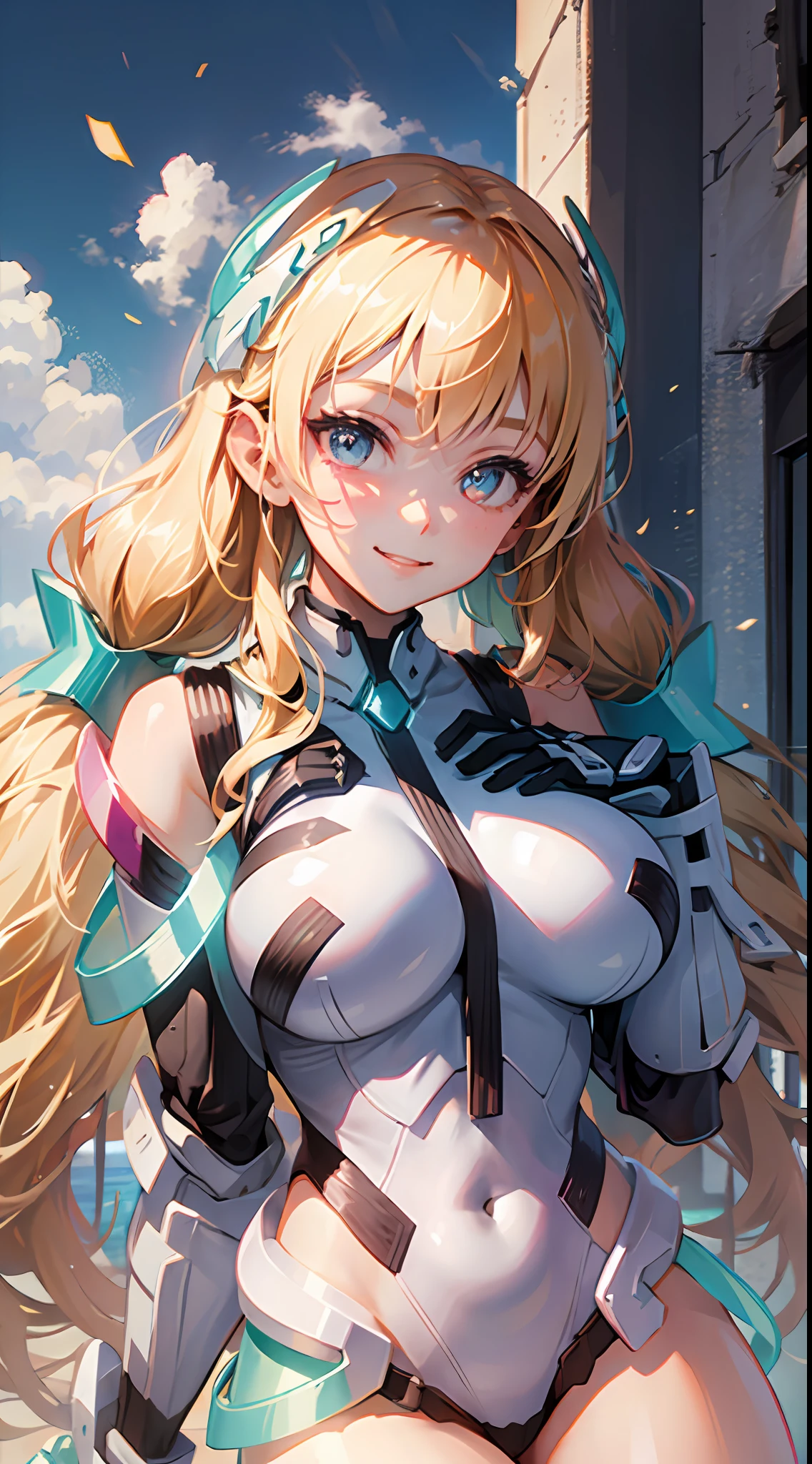 1girl,solo, light smile,huge breasts, deva battle suit,gloves, very long hair,outdoors,
blonde_hair,long hair,hand on own chest, heart-shaped pupils, light smile, headgear,skin tight, low twintails,