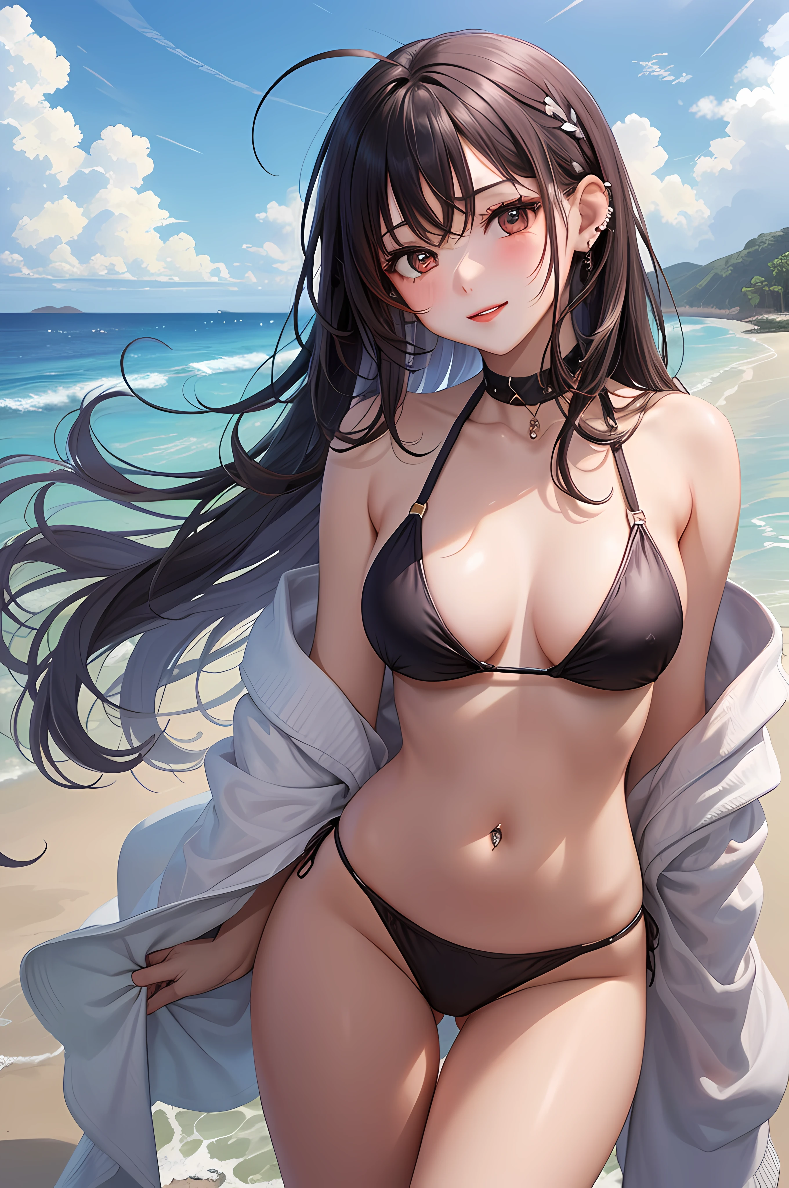 1 girl, thin body, slender body, (adult: 1.2), full body, happy, bikini, portrait, beach, pale red lips

Tobikko coating her underwear and inner thighs. She is looking at me with a blush, (thin waist and thighs: 1.4), thigh gaps, body piercings, ahoge