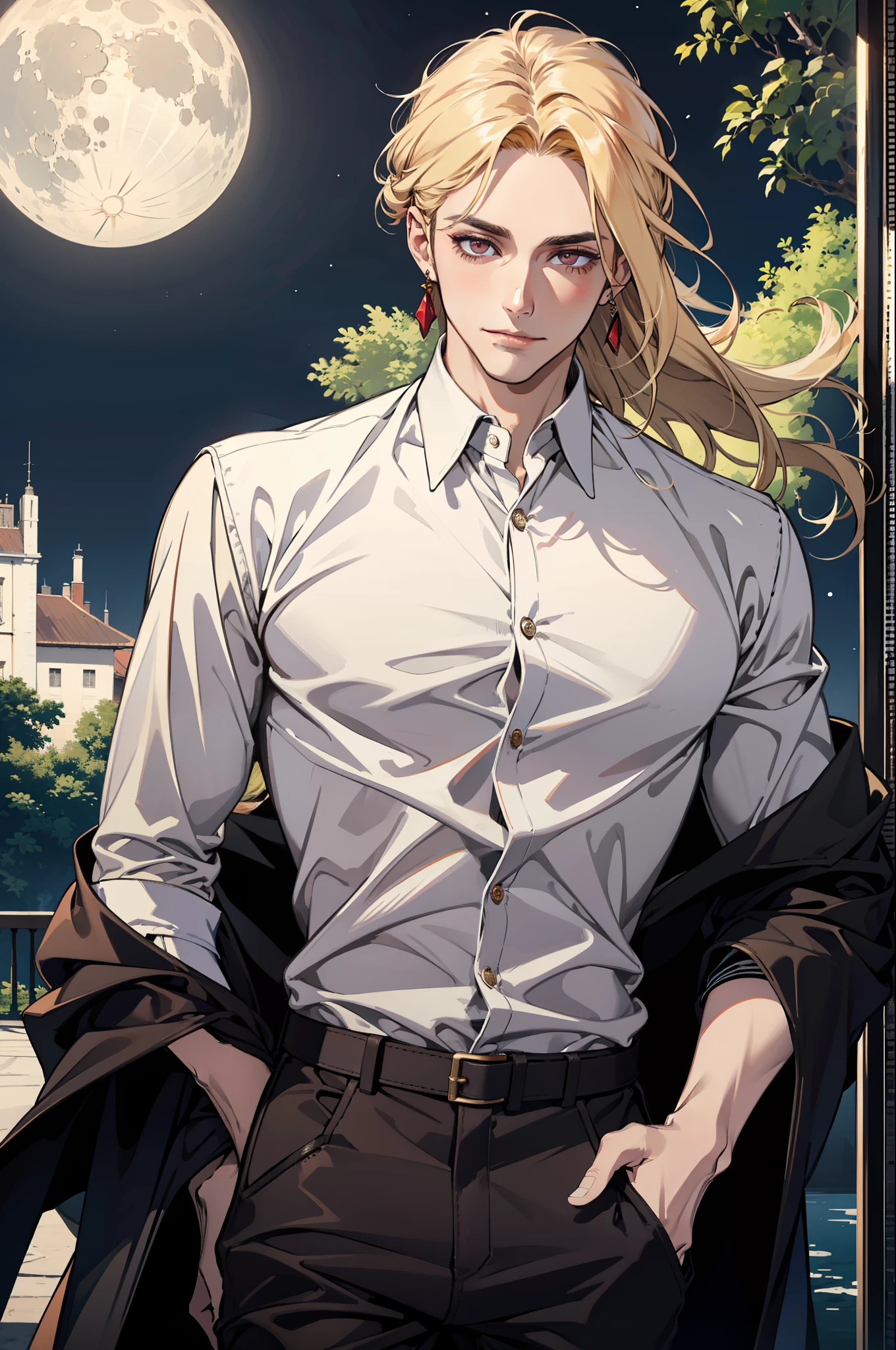 (absurdres, highres, ultra detailed), 1man, 30 years old man, adult man, handsome, tall,, finely detailed eyes and detailed face, brown leather pants, white shirt, night, smile, dutch angle, ((long hair, blonde hair)), moon, gold details, earrings, gothic, vampire, vampire prince, dark, simple clothes, looking at the view, pale skin, red detailed eyes, (masculine), sexy, elegant, long bangs