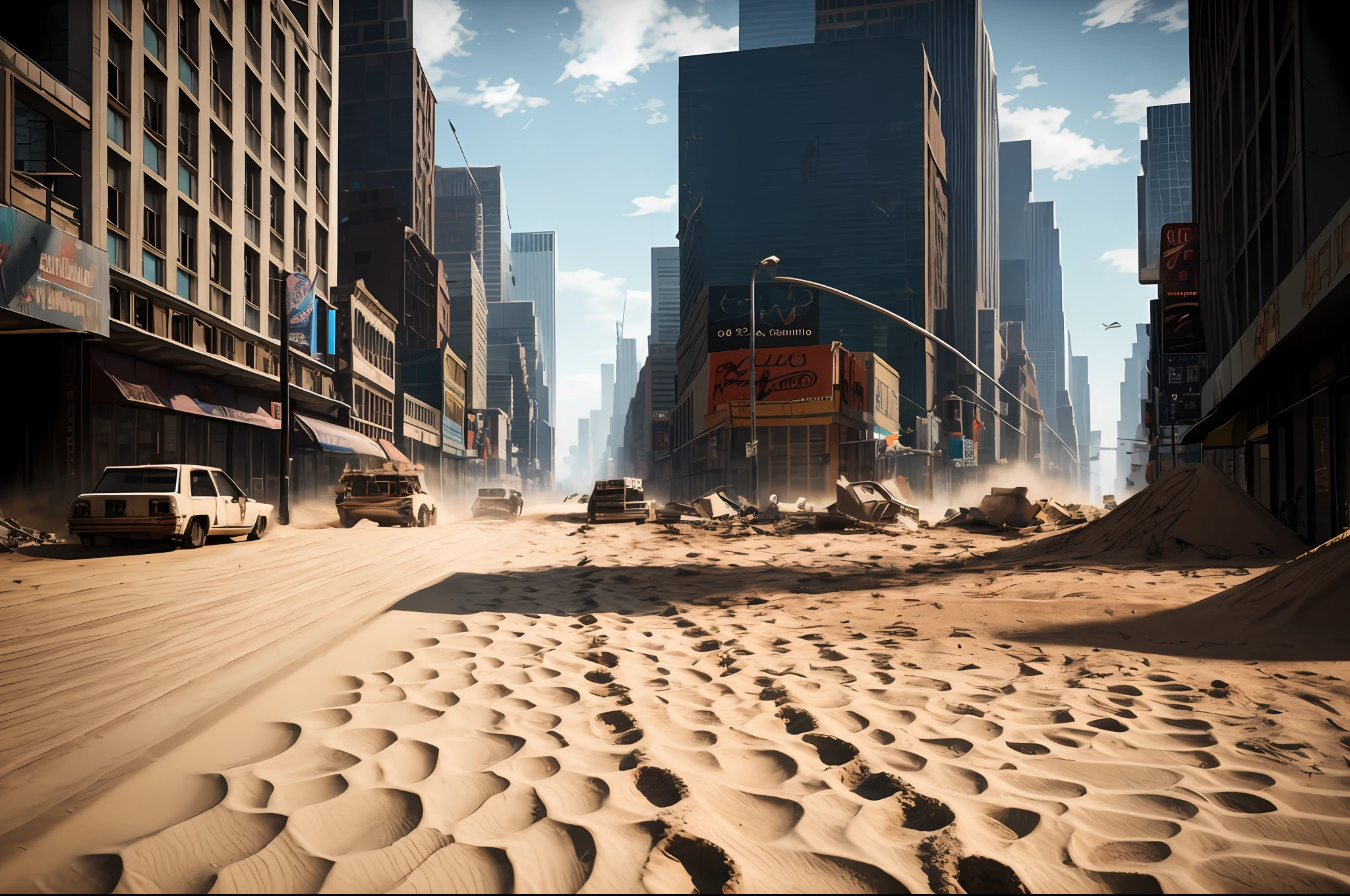 Ultra realistic Destroyed city of New York of the future,the streets of New York covered with sand,sandy tornadoes in the city,Ultra 8k texture quality,sunny weather,Realism,cinematic lighting, volumetric lighting,detailed,Background blur