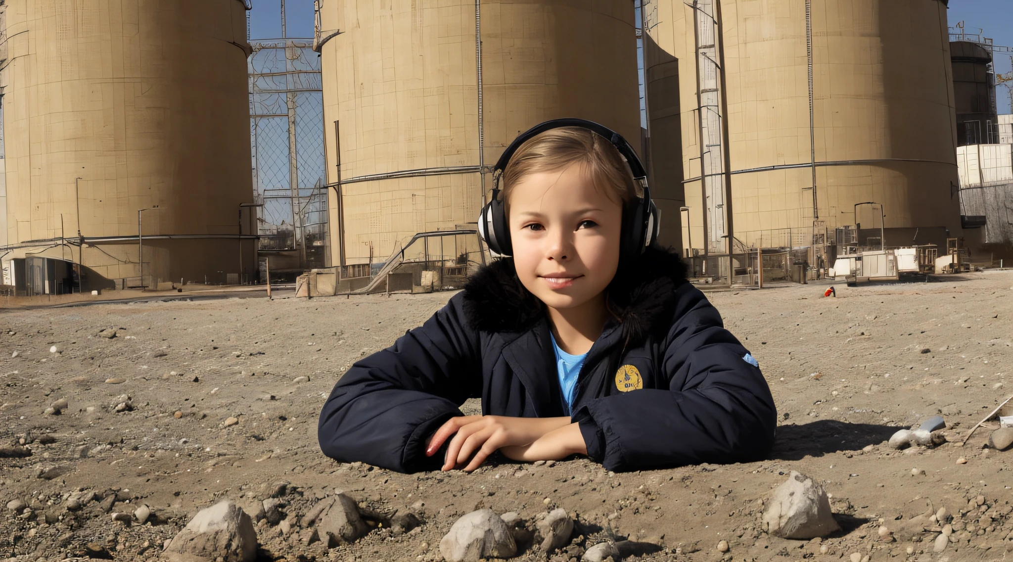 GIRL CHILD 8 YEARS OLD BLONDE HAIR, LONG, CLOSE UP, RUSSIAN STYLE HEADPHONES, BLACK FUR COAT, a closeup of a large pile of yellow barrels with radioactive symbols, nuclear waste, radioactive wastelands, toxic waste, radioactive particles, nuclear wastelands, radioactive, uranium, nuclear, nuclear fallout, post-nuclear, nuclear fashion, post-nuclear fallout, nuclear energy, future of nuclear energy, nuclear, nuclear art, nuclear reactor, nuclear energy, radiation, toxicity, contaminated