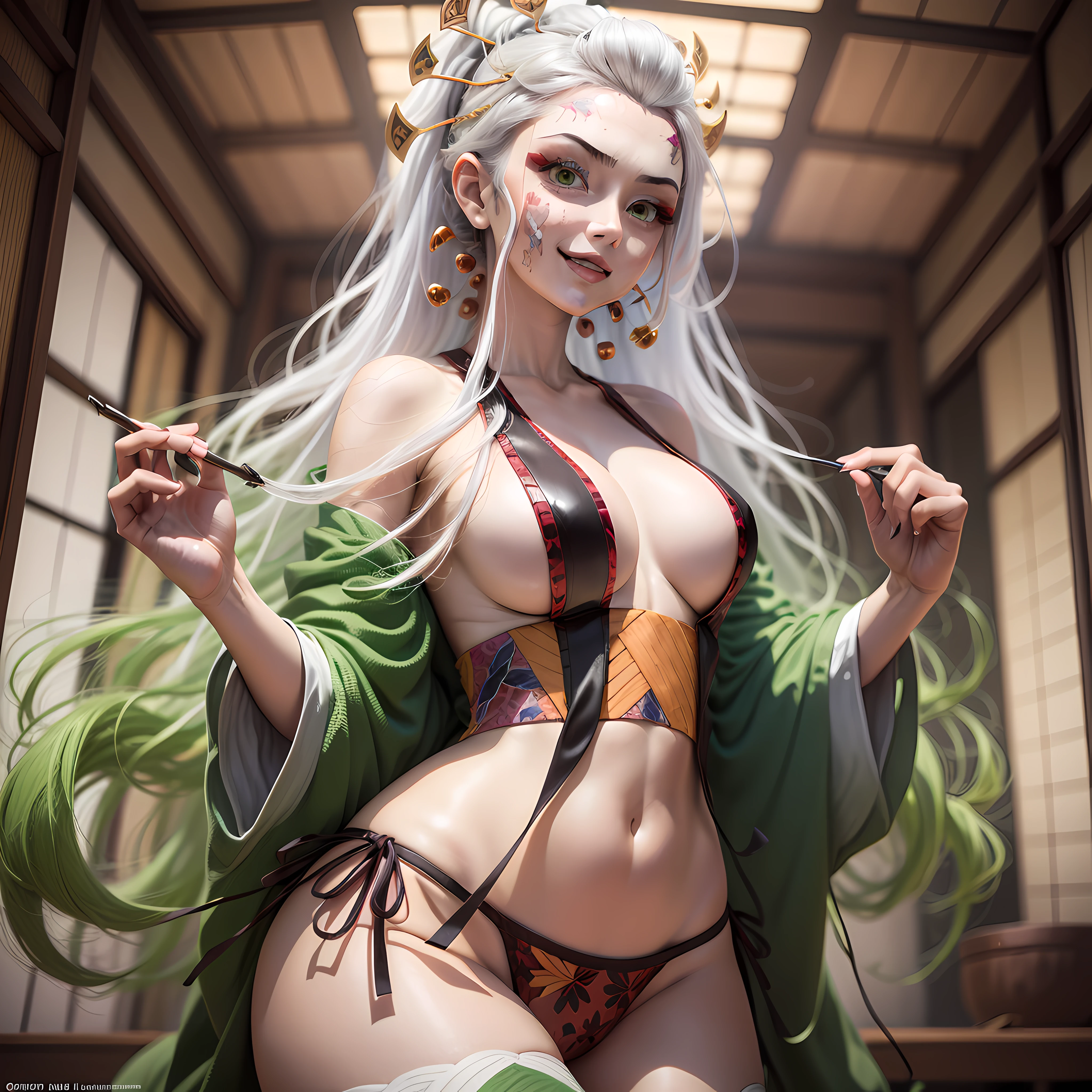 (masterpiece, top quality, best quality, official art, beautiful and aesthetic:1.2), (1girl), (cowboy shot:1.5), colorful,highest detailed, DakiV4, DakiEyesV4, solo, long hair, hair ornament, thighhighs, white hair, multicolored hair, gradient hair, green hair, underwear, panties, green eyes, large breasts, smiling, fingernails, (japanese architecture:1.3),