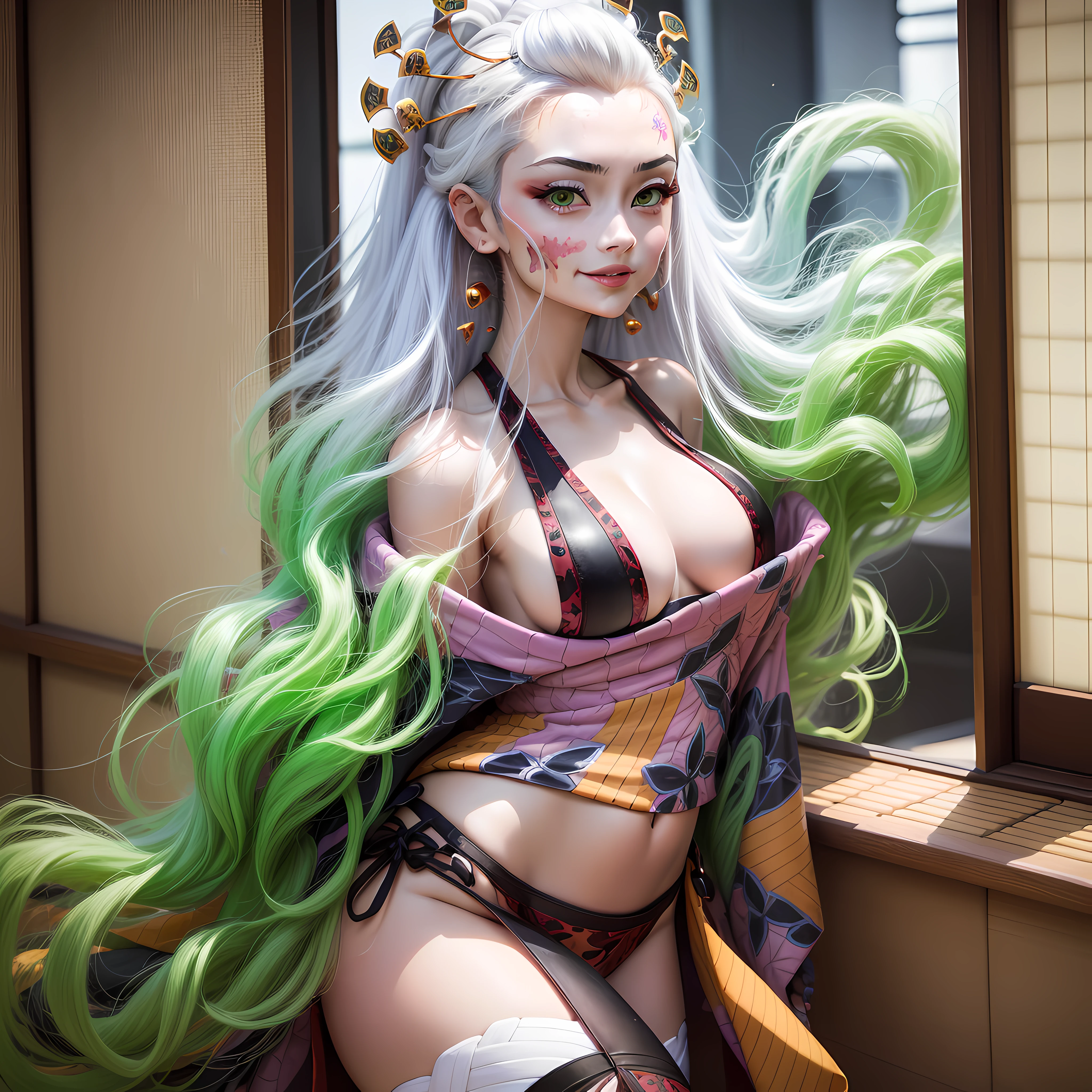 (masterpiece, top quality, best quality, official art, beautiful and aesthetic:1.2), (1girl), (cowboy shot:1.5), colorful,highest detailed, DakiV4, DakiEyesV4, solo, long hair, hair ornament, thighhighs, white hair, multicolored hair, gradient hair, green hair, underwear, panties, green eyes, large breasts, smiling, fingernails, (japanese architecture:1.3),