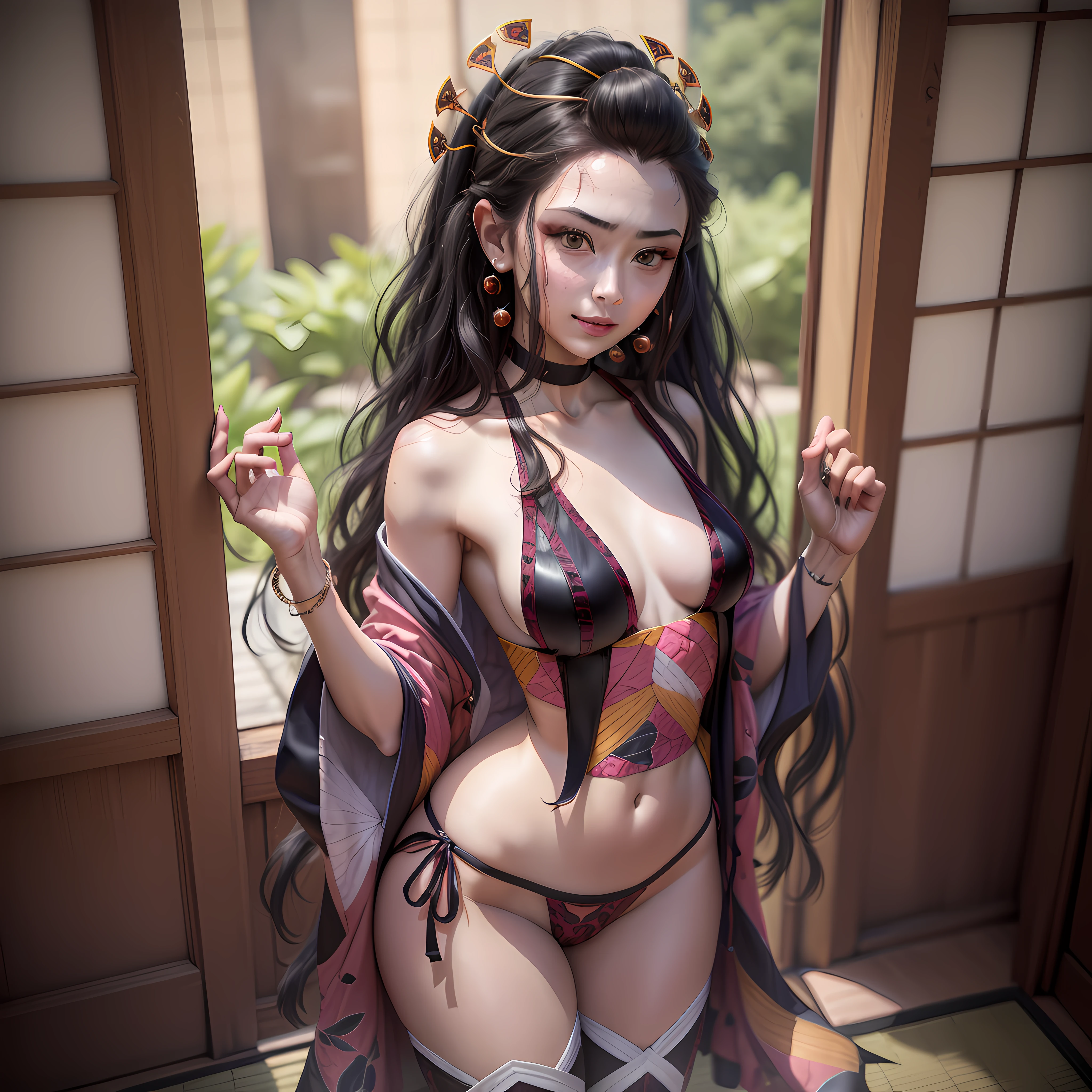 ultra realistic 8k cg, masterpiece, ((ultra detailed background, delicate pattern, intricate detail)), (highly detailed, fine details), best quality, 1girl, (photorealistic:1.4),beautiful lighting,  absurdres, RAW photo, film grain, solo, long hair, smile, ((black hair)), thighhighs, very long hair,navel, cleavage, underwear, jewelry, see-through, hair ornament, choker, shy, (indoors, japanese architecture), (((medium breasts, petite girl, slim girl))), standing,