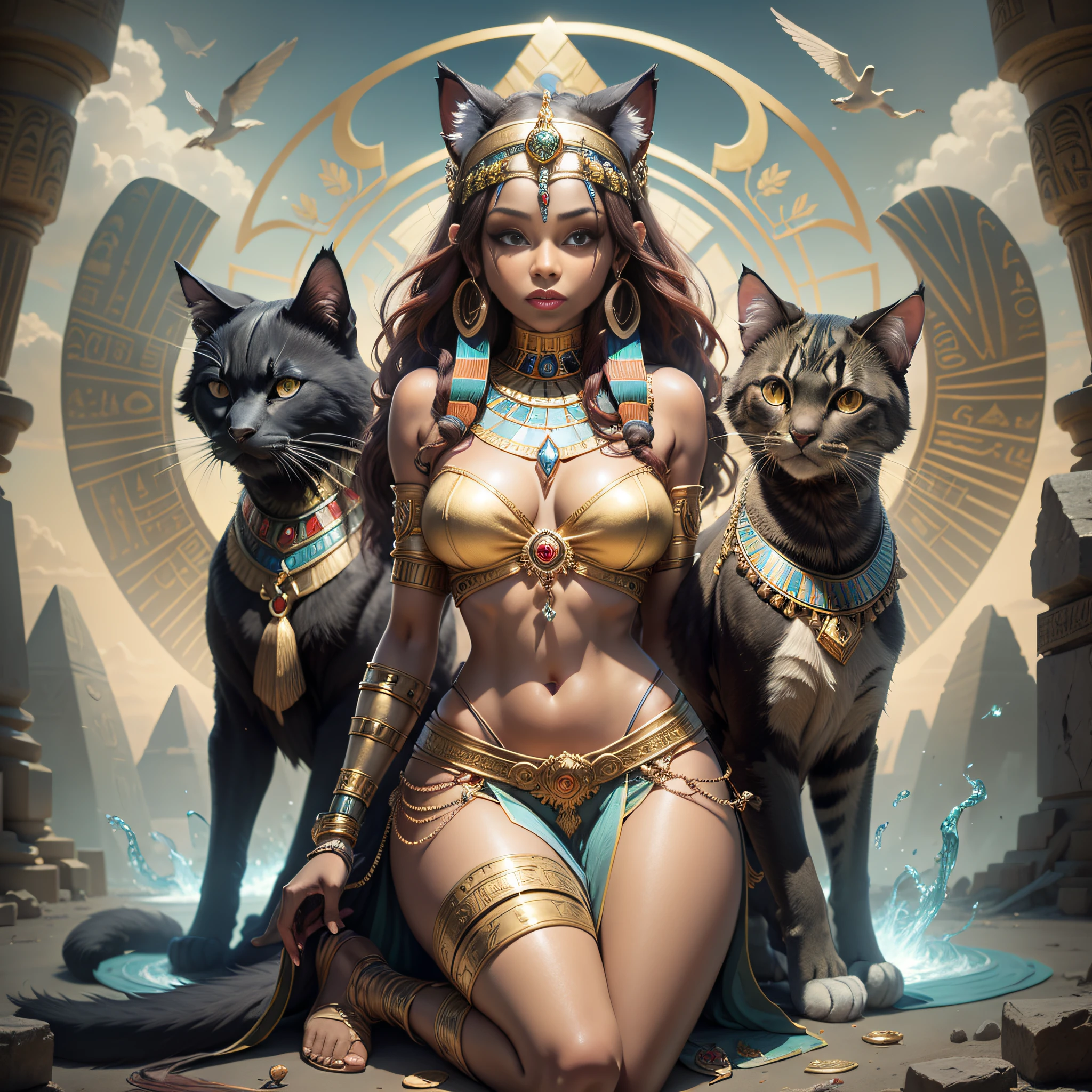 An Egyptian goddess, black skin, red hair with felines around it, goddess Sekhmet, goddess, pagan goddess, beautiful Cleopatra, goddess. Extremely high detail, tall fine beautiful goddess, kemetic, goddess sekhmet beautiful goddess, goddess of love of peace, extremely detailed goddess, goddess of wisdom, beautiful Egyptian goddess